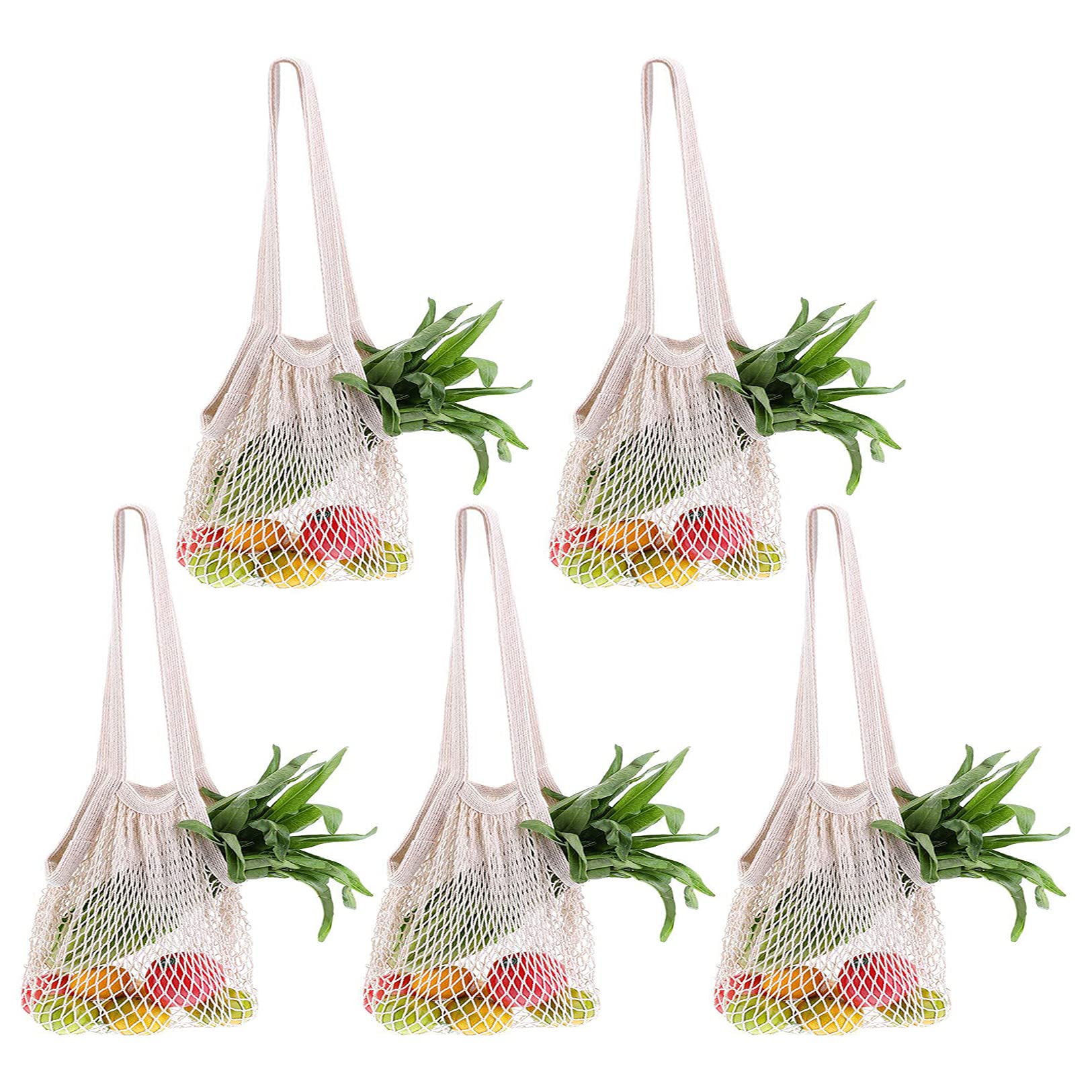 Ahyuan Ecology Reusable Cotton Mesh Grocery Bags 5Pack Long Hand Portable Washable Cotton Mesh String Organizer Shopping Bag Net