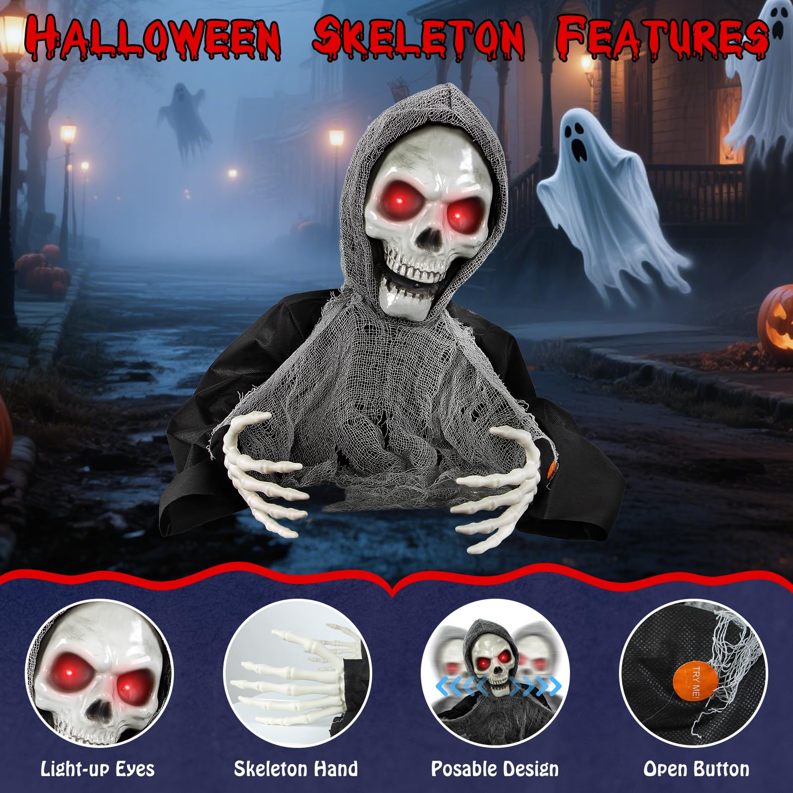 Boveco Halloween Animatronics Decoration Scary Skeleton Ghost Light-Up Eyes Sound & Activated Sensor Outdoor and Indoor Animated