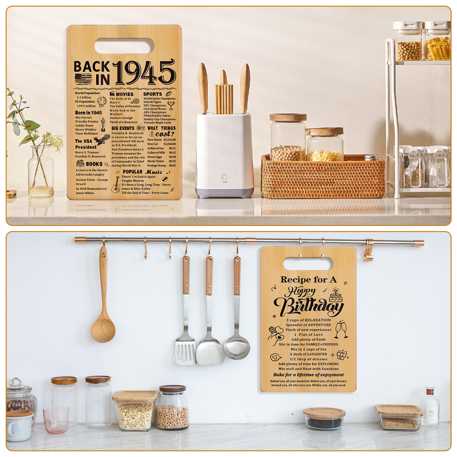 80th Birthday Gifts for Women Men,Back In 1945&Recipe for A Happy Birthday Double sided Cutting Board present for Her Him,80th B