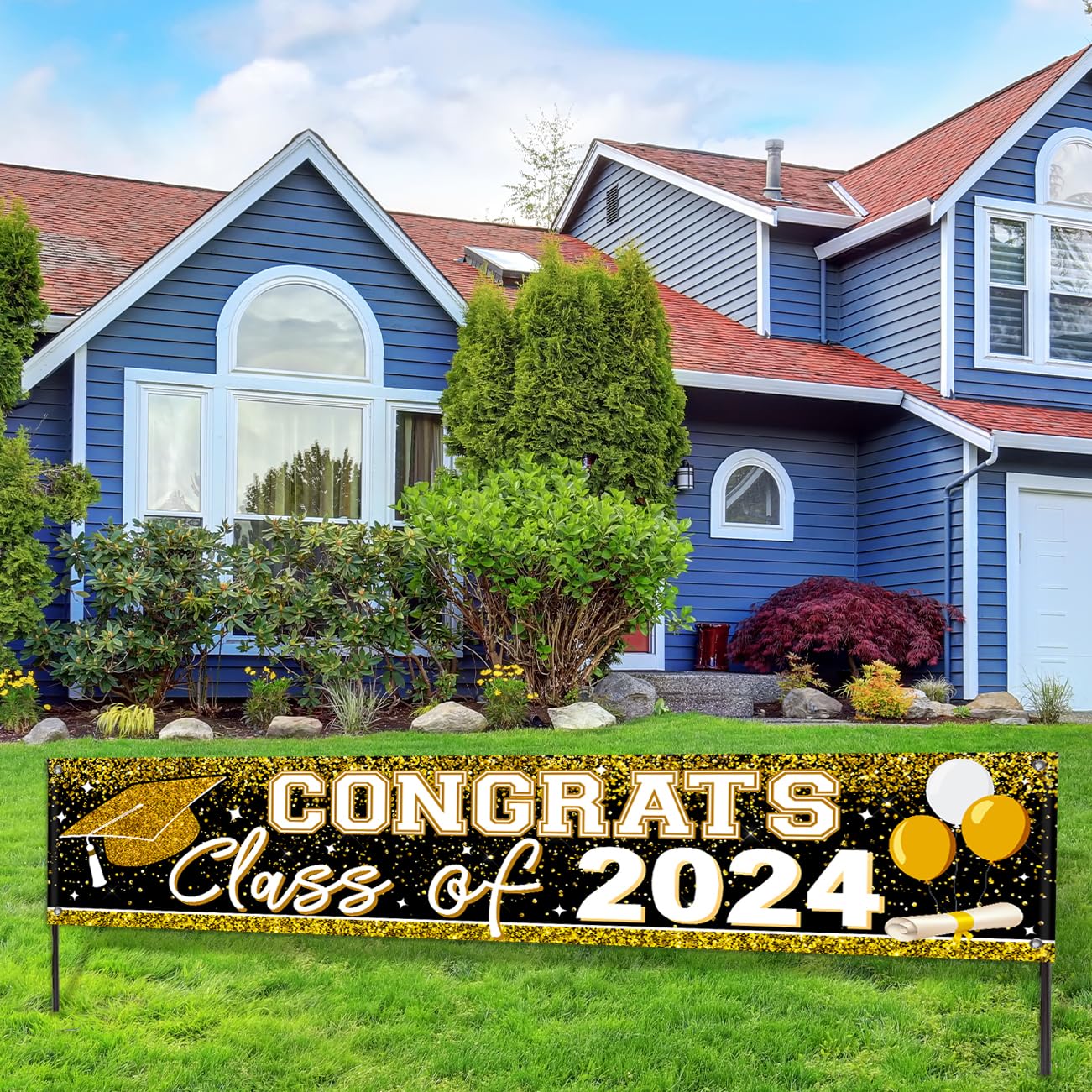Large Congrats Grad Banner Gold Class Of 2024 Banner Backdrop Graduation 2024 Yard Sign For Graduation Party Supplies Graduation