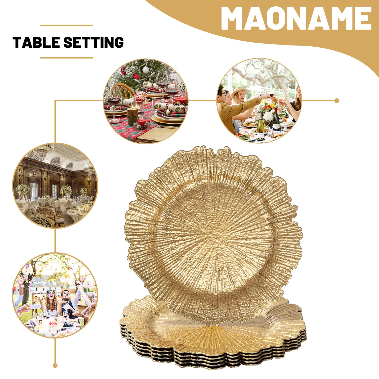 Maoname Round 13'' Gold Charger Plates, Set Of 6, Reef Plate Chargers For Dinner Plates, Plastic Table Chargers For Wedding, Tha