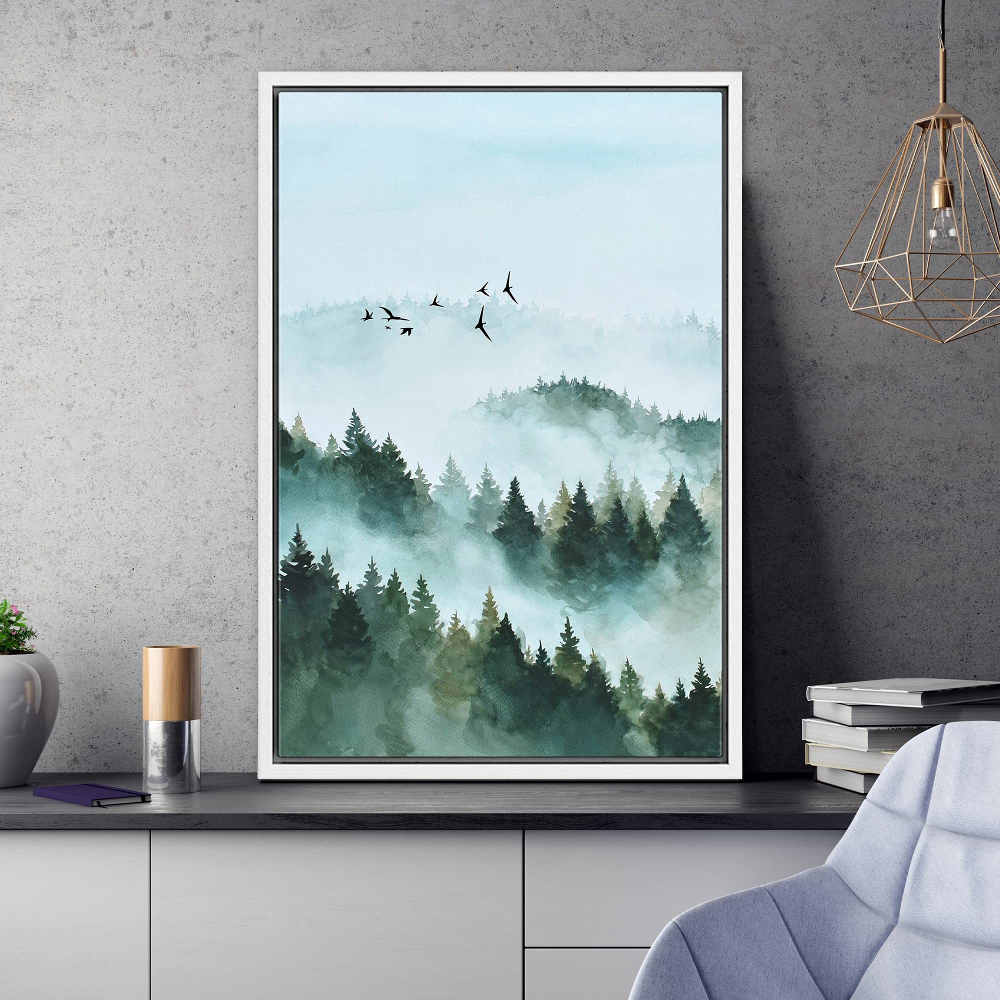 Signwin Framed Canvas Print Wall Art Woodland Nursery Decor Mist & Fog Bird Sky Pastel Tree Forest Nature Modern Art Decorative