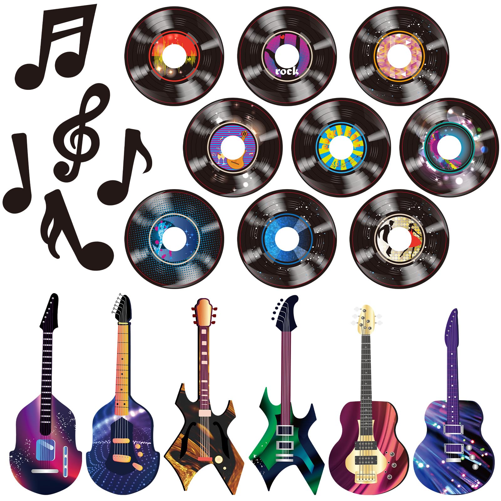 40 Pcs Music Party Decorations Musical Notes Rock and Roll Record Cutouts Silhouettes Guitar Party Favor Cutouts 50s 80s Theme P