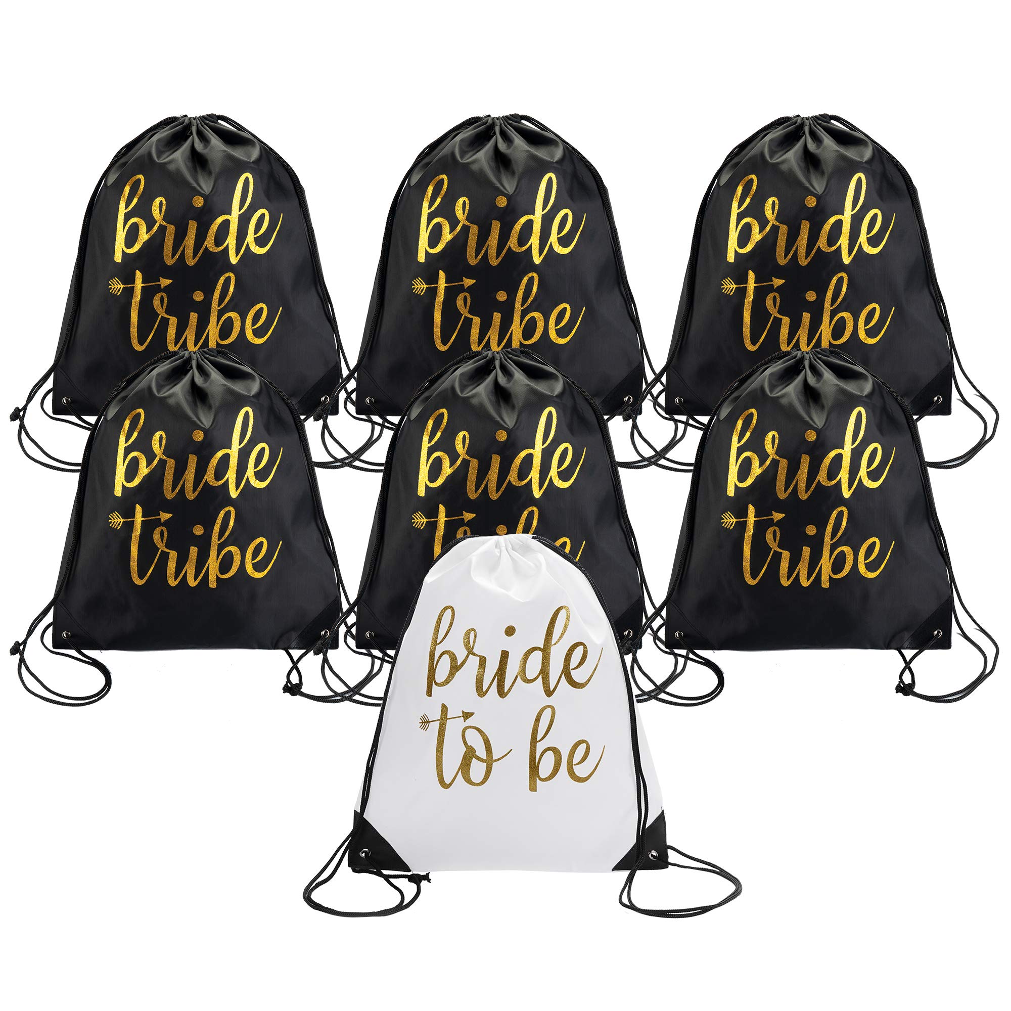 Pop Fizz Designs | Bride & Bride Tribe Drawstring Bags (7 Pack) | Bags For Bachelorette Party | Black