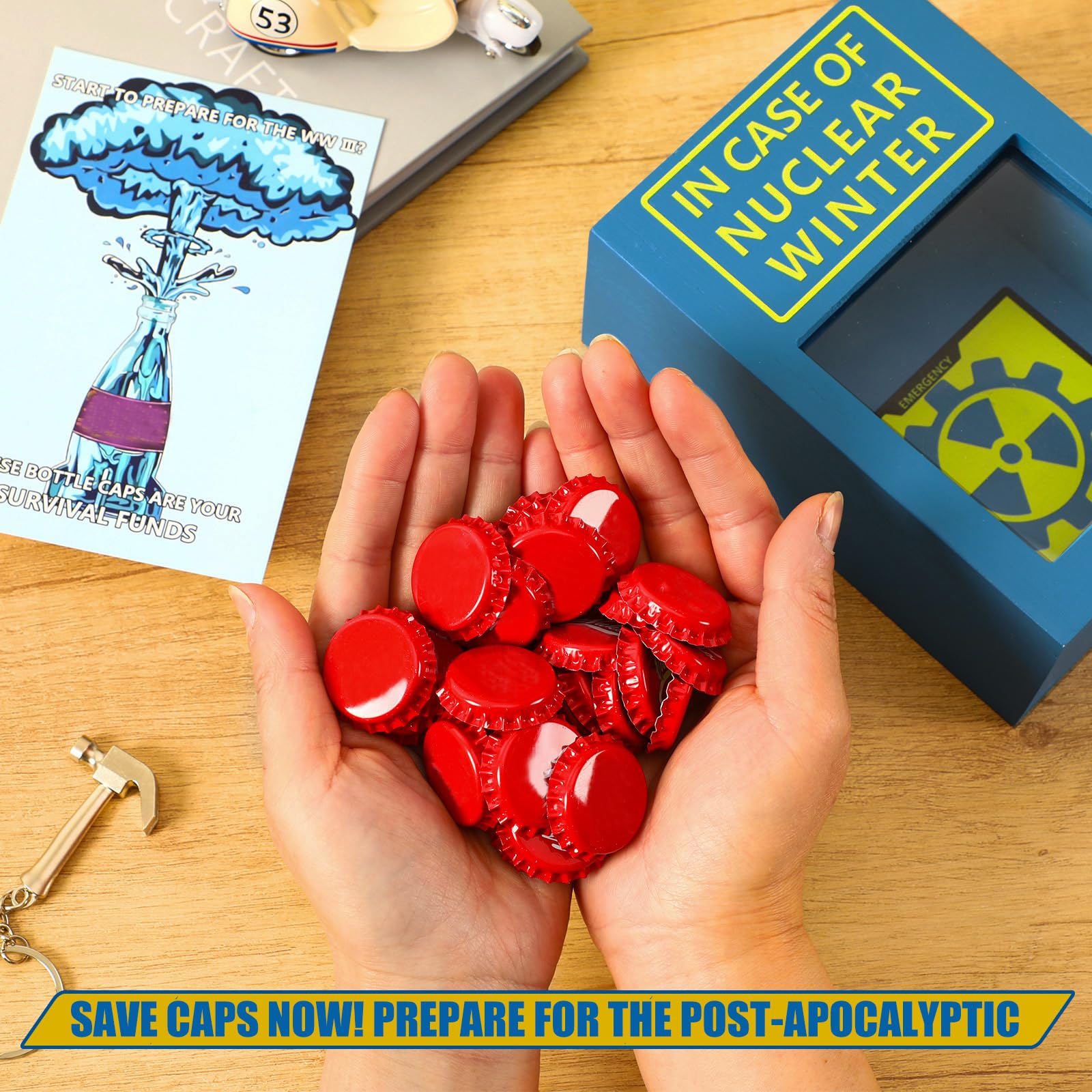 JULEASEL Funny Emergency Caps Stash w/ 30+ Red Caps, Funny Gag Gift Box w/Hammer | Hilarious Christmas Gift, Unique Birthday Gif