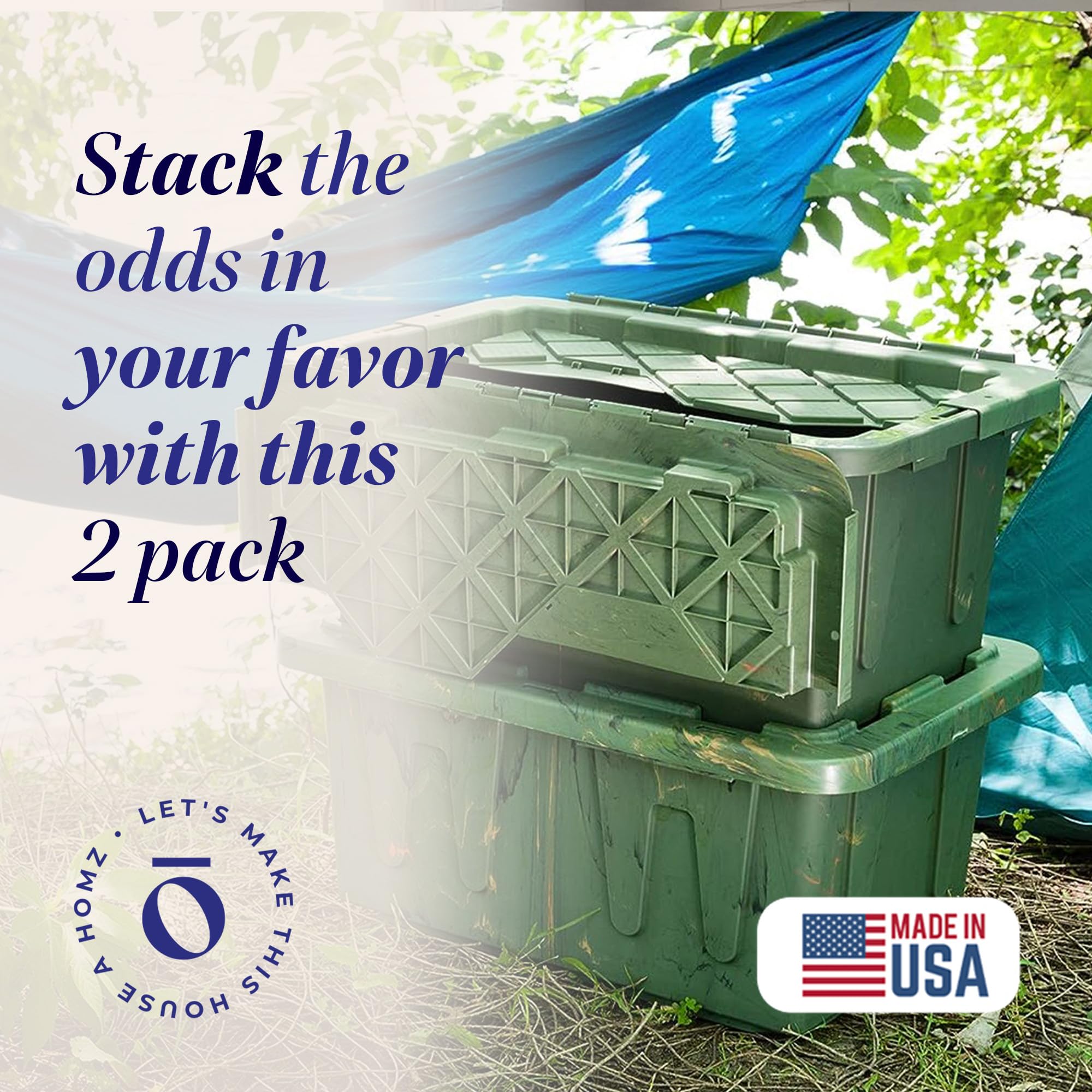 HOMZ 2-Pack Durabilt Tote, Heavy Duty Plastic Storage Bins with Lids, 15 Gallon, Green Camo - Stackable Organizing Containers fo