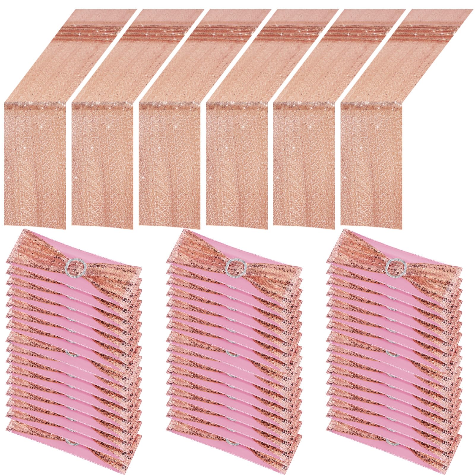 Newwiee 54 Pcs Rose Gold Sequin Chair Sashes and Table Runners, 48 Sequin Chair Bows, 6 Glitter Table Runners for Birthday Party