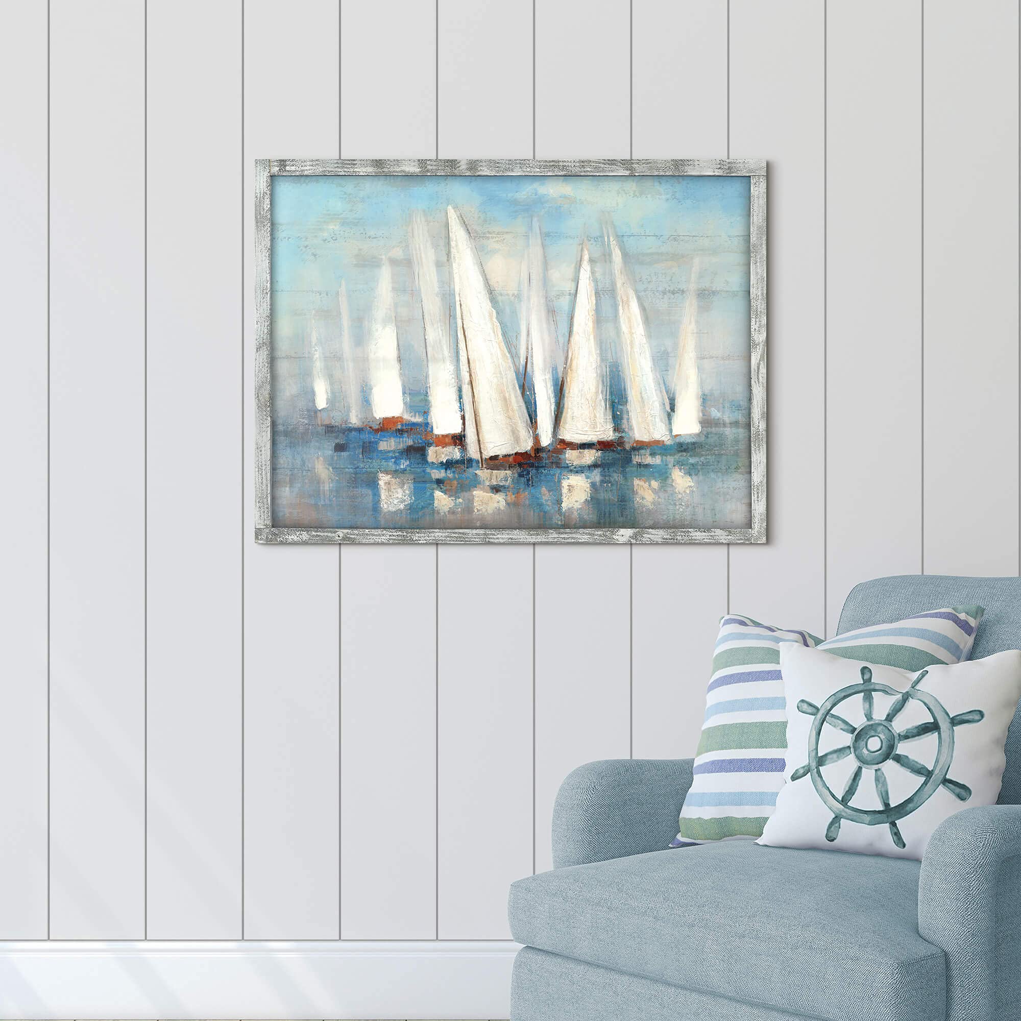 Coastal Framed Painting Wall Art: Abstract Ocean Artwork Seascape Picture Sailboat Prints On Wood In Modern Style For Bedroom 32