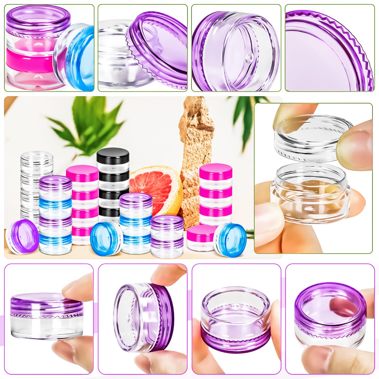 Motbach 100 Pcs Empty Plastic Containers With Colored Lids,Small Makeup Sample Containers,Mini Sample Pot Jars Round Cosmetic Ja