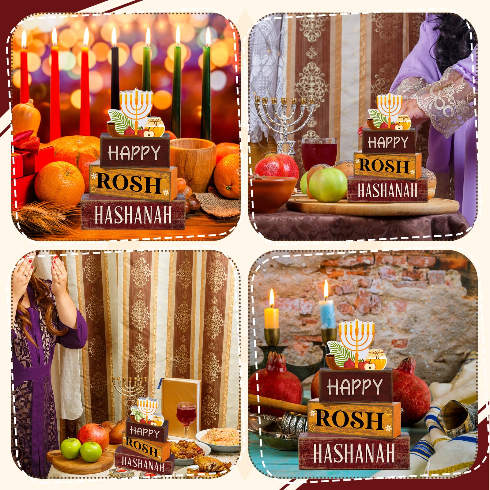 4 Pcs Rosh Hashanah Tables Decorations Happy Rosh Hashanah Wooden Tabletop Jewish New Year Party Decorations Rustic Block Center