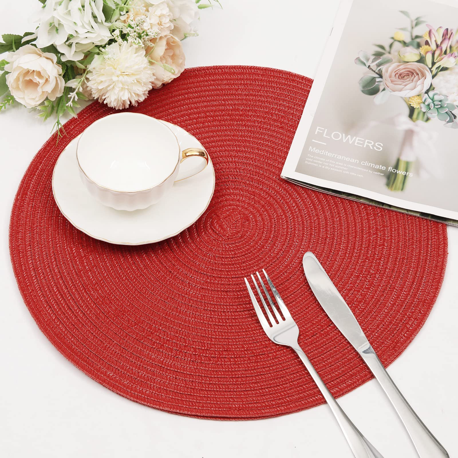 Shacos Round Braided Placemats Set Of 8 Washable 15 Inch Round Table Mats Woven Place Mats For Dining Table (Red, 8)