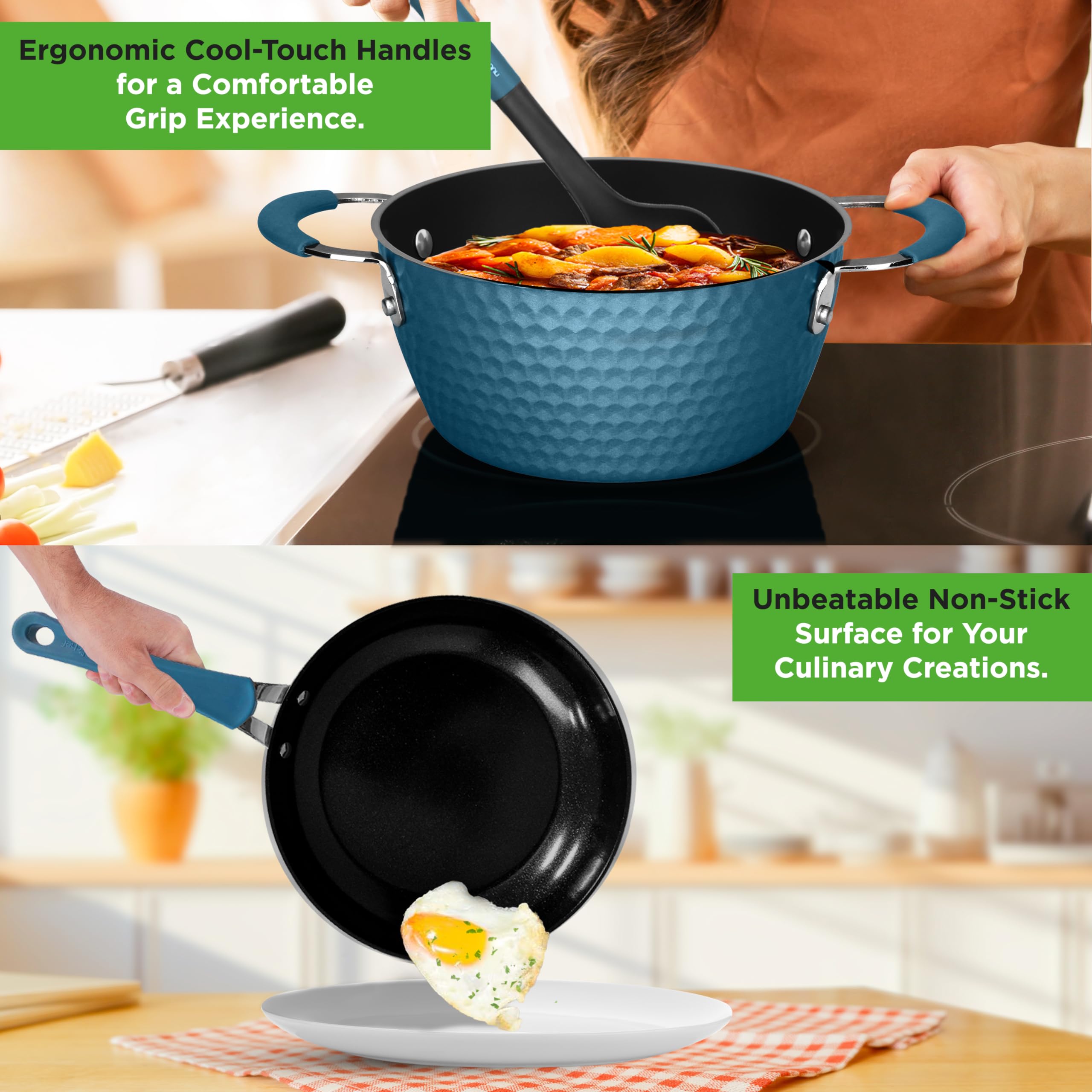NutriChef 11 Pc Pots and Pans Set Non Stick Cookware with Ceramic Coating, Ergonomic Handles, Induction Ready, Includes Saucepan