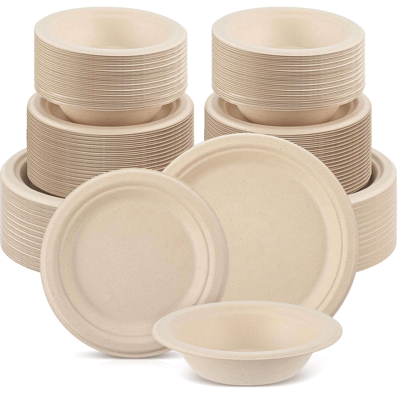 Havawish 300 Pcs Compostable Paper Plates and Bowls Set 7 Inch 9 Inch Disposable Plate 12oz Biodegradable Bowls for 100 Guests P