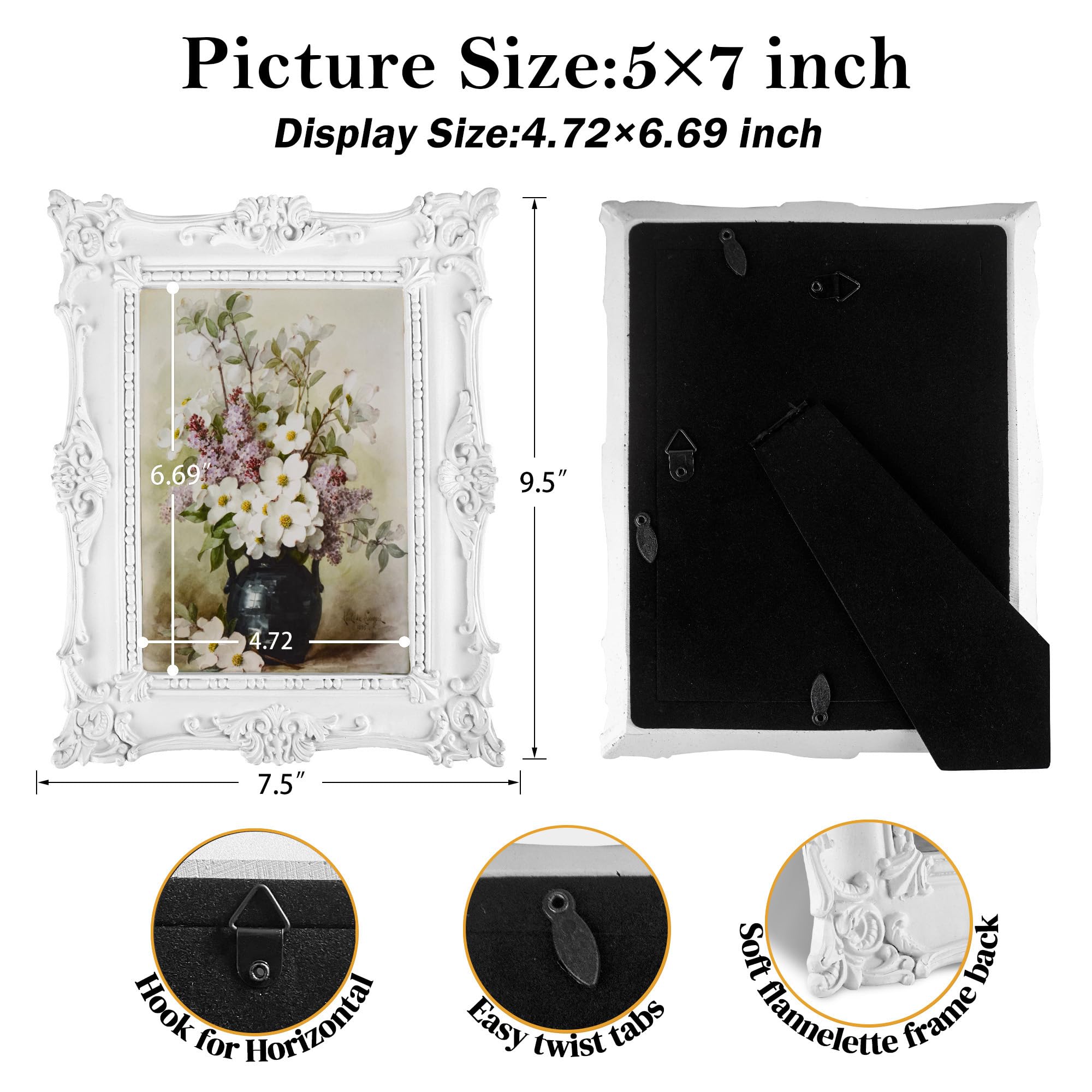 Comfymon 5x7 Vintage Photo Frames, Black Hand-Crafted Resin Photo Frame with Easel & Hook, Home Ornament for Tabletop or Wall Mo