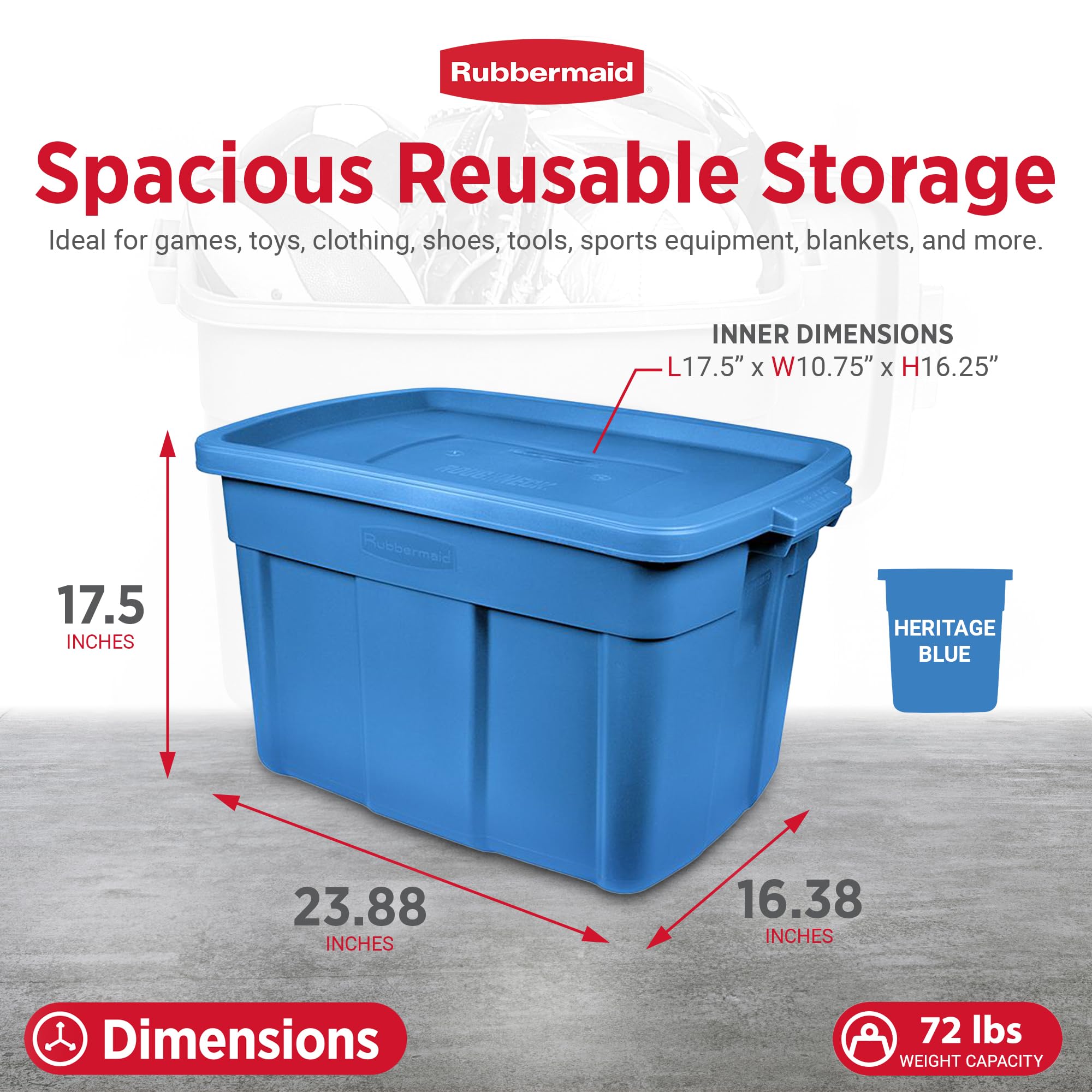 Rubbermaid Roughneck Tote 18 Gal - 6 Pack Made In The Usa Heritage Blue, Rugged Plastic Stackable Storage Tote With Lid And Hand
