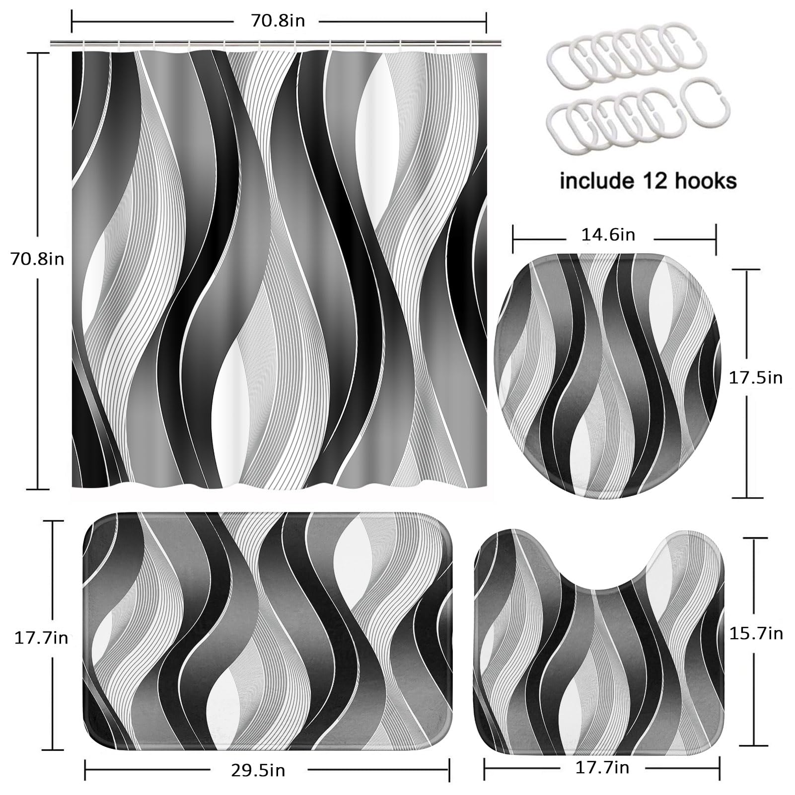 Tayney Grey Black Wavy Line Shower Curtain Set With Toilet Lid Cover And Non-Slip Rugs For Bathroom, Abstract Stripes 4 Pcs Show