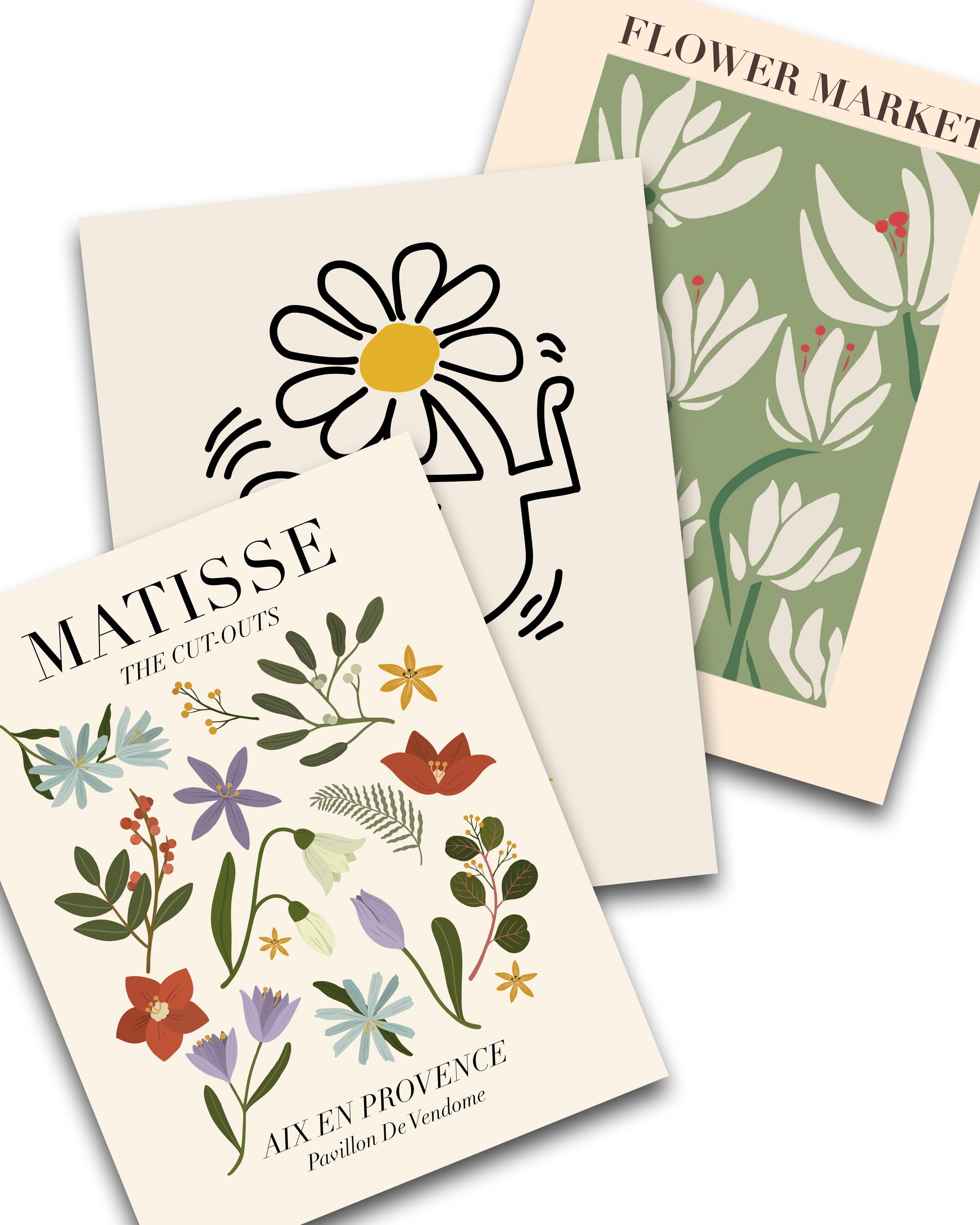 Abstract Matisse Wall Art Decor,Flower Market Prints Set Of 3,Unframed Green Wall Art Exhibition Posters,12X16In Quality Canvas