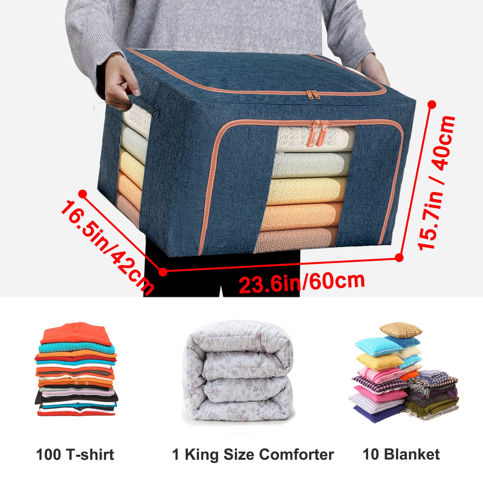 Large Storage Bags,Stackable Clothes Storage Bins with Hold Shape Metal Frame,Foldable Closet Organizer Containers with Zipper,C