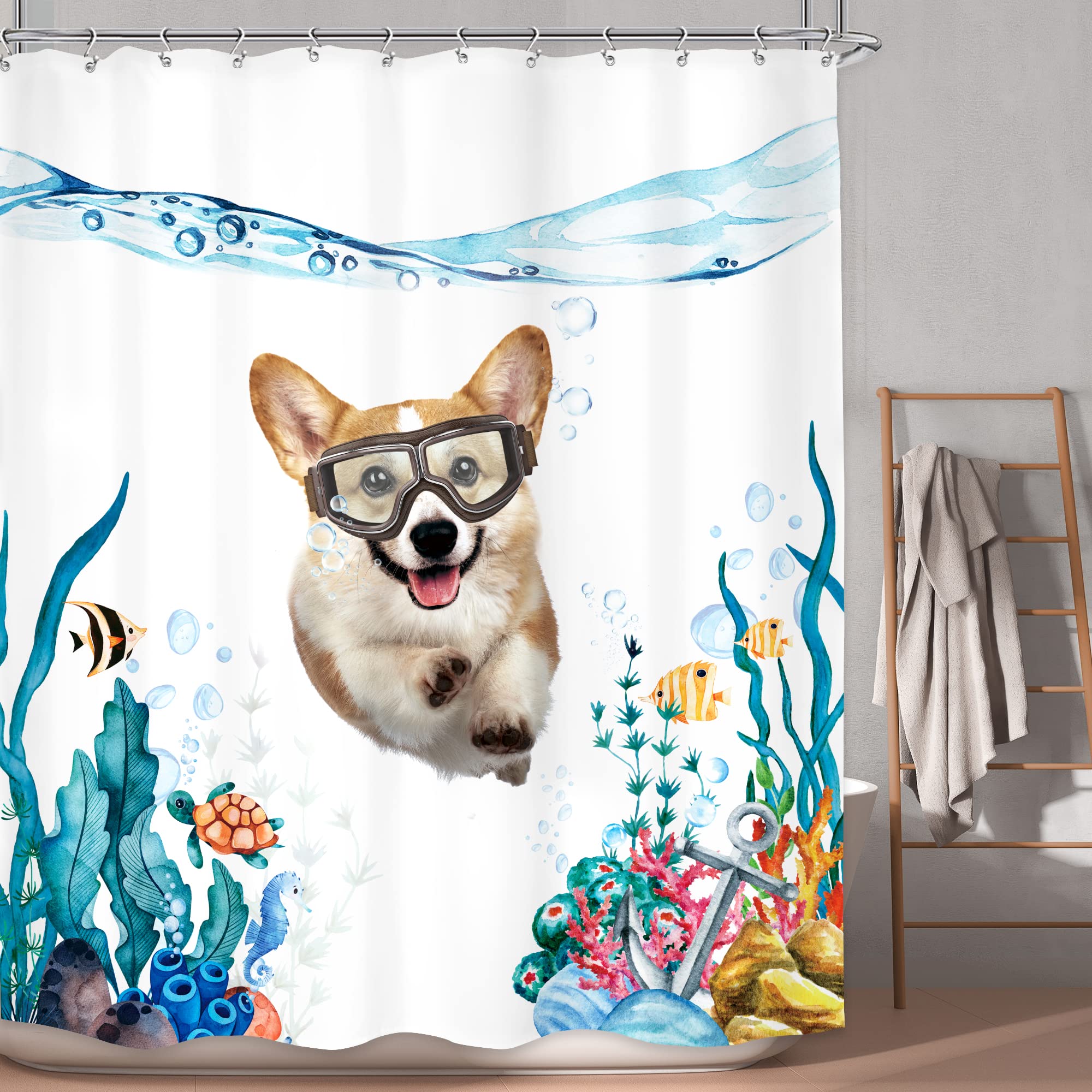 Lghtyro Funny Dog Shower Curtain Bathroom Set 60Wx71H Inches Hilarious Swimming Dog Blue Sea Ocean Bath Accessories Nautical Cut