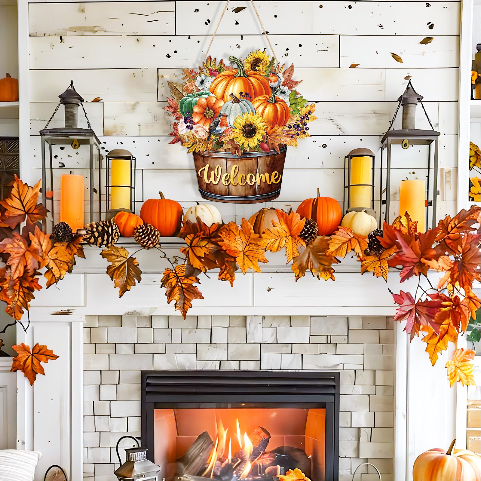 Fall Decoration Welcome Wreaths for Front Door, Wooden Hello Fall Pumpkin Thanksgiving Door Sign Ornament, Wood Mason Jars Maple