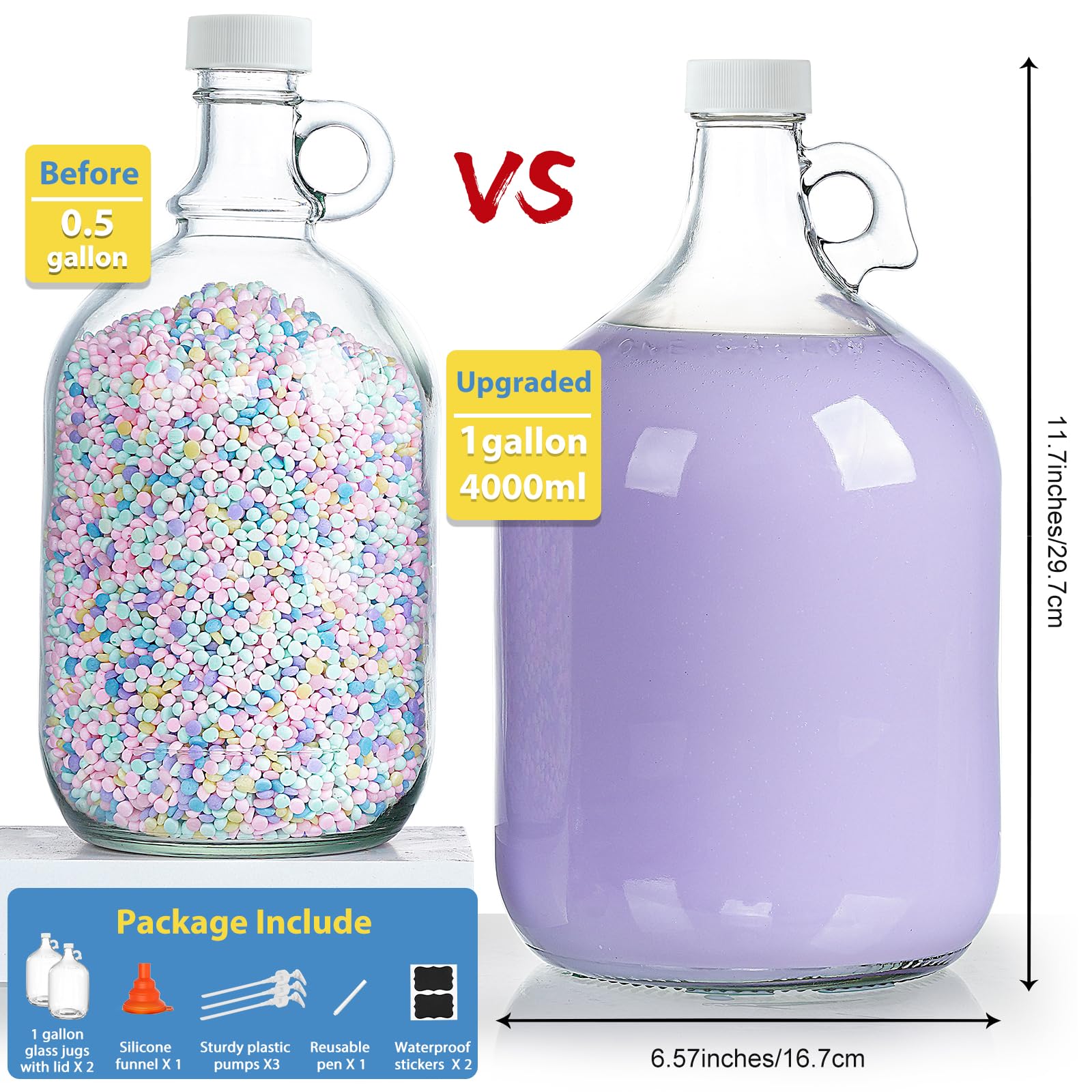 2 Pack Gallon Glass Pump Bottle Dispensers With 3 Pumps And 2 Airtight Lids, Laundry Soap Dispensers With 1 Funnel, Liquid Laund