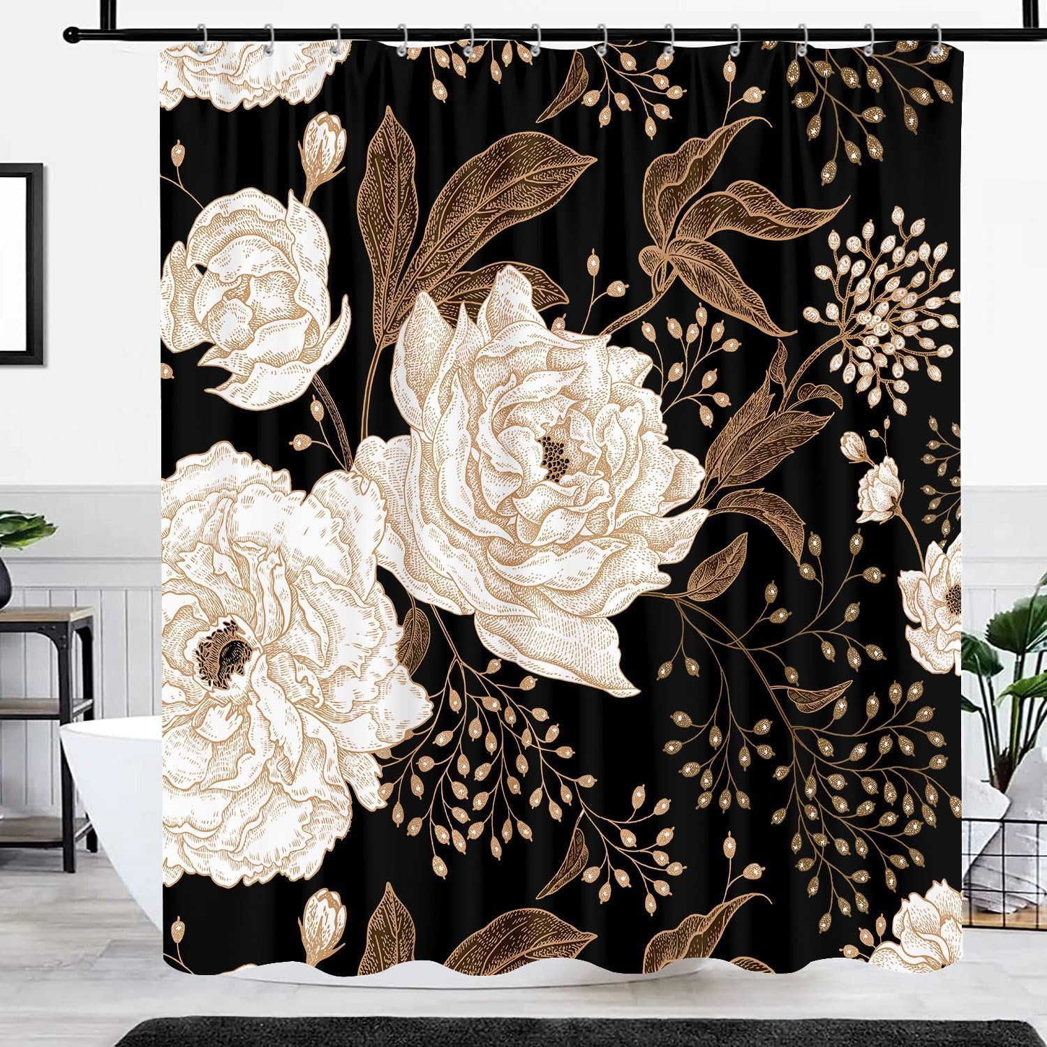 Black And Gold Shower Curtain, Dark Roses Leaves Botanical Aesthetic Boho Floral Shower Curtain For Bathroom With Hook, Vintage