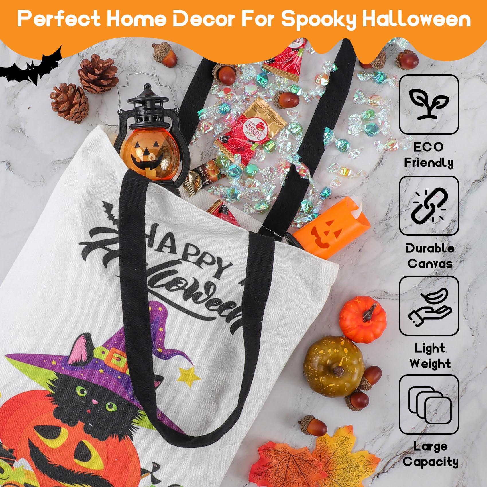 Atfunshop Halloween Tote Bag 15.7'' Trick Or Treat Bag Halloween Canvas Bags Reusable Large Halloween Grocery Bag For Kids Cat