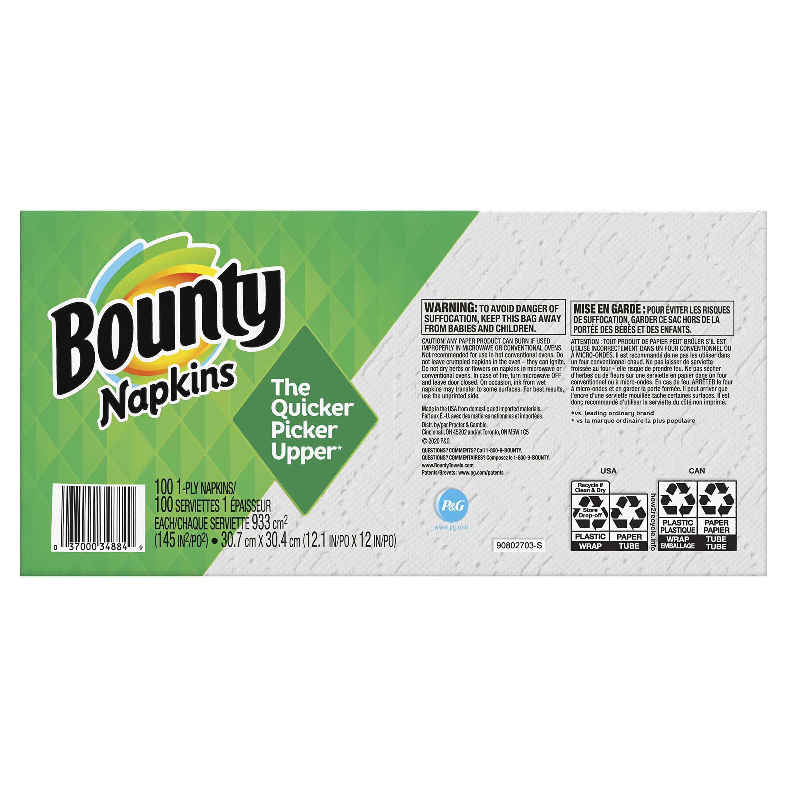 Bounty Quilted Napkins, 1-Ply, 12.1In X 12In, 100/Pk, White