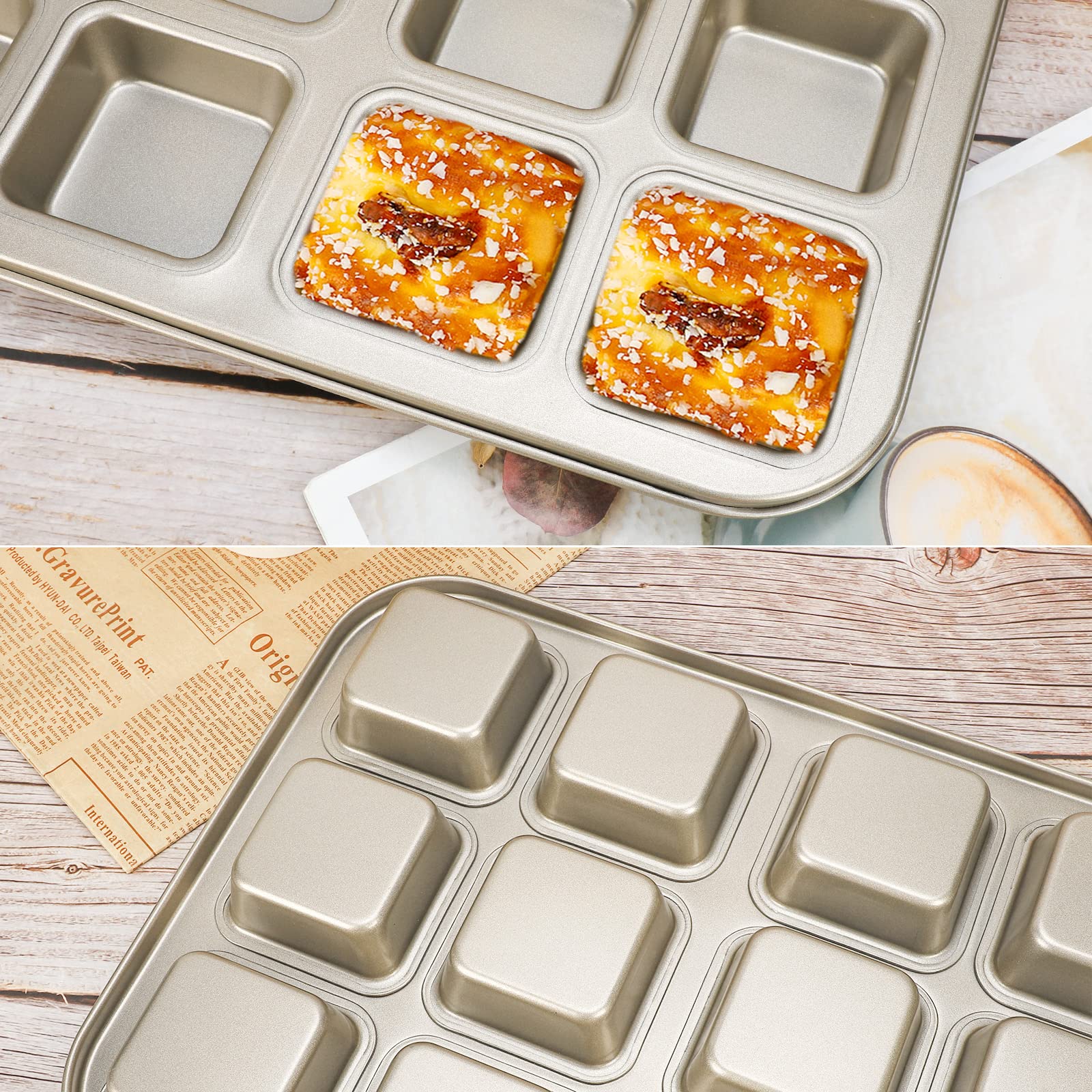 Beasea Brownie Pan With Dividers, 2 Set Gold All Edges Square Cupcake Brownie Pans 12 Mini Cavity Non Stick Baking Carbon Steel