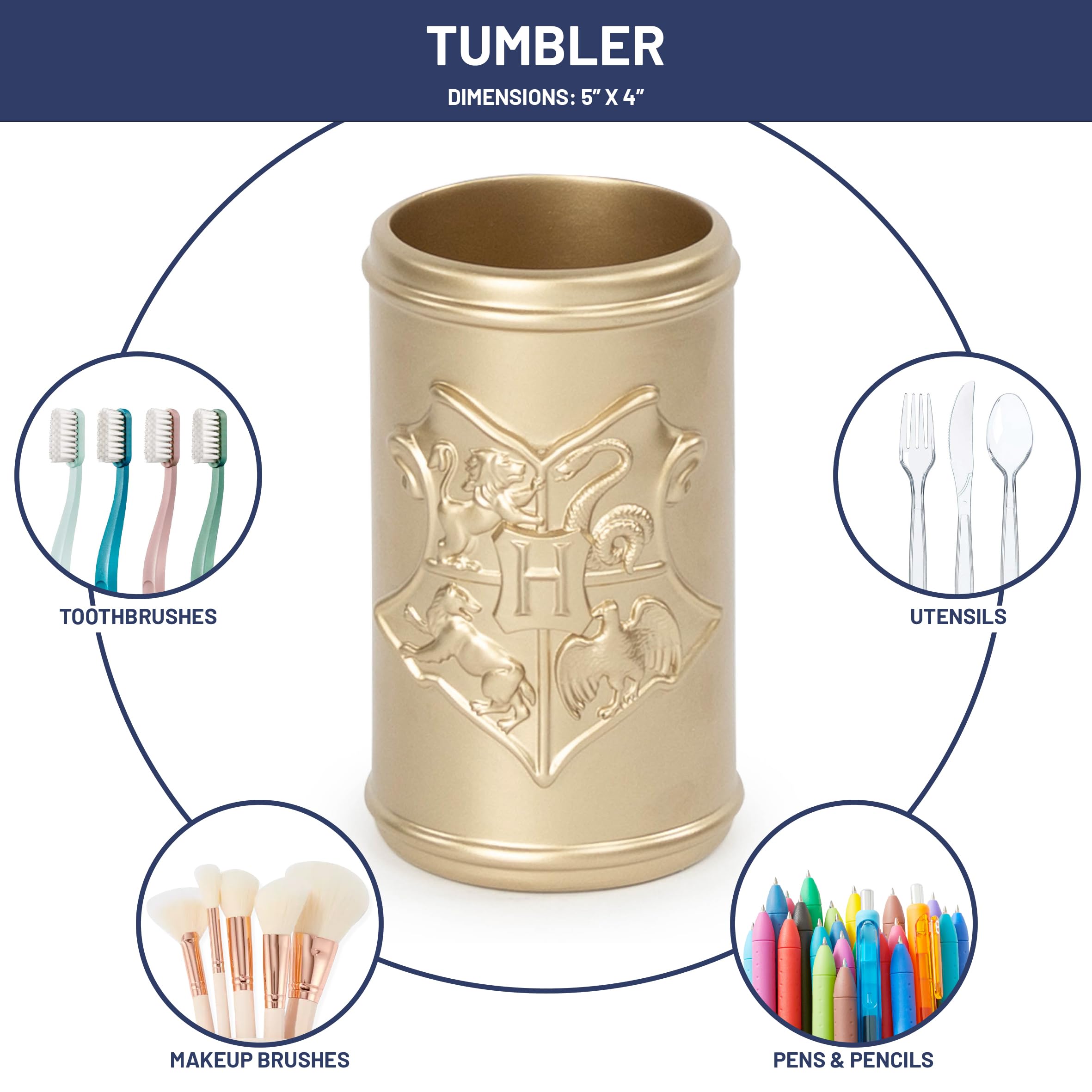 Harry Potter Bathroom Organizer Set - 4 Piece White And Gold Hogwarts Crest Accessories Includes Resin Soap Dispenser, Soap Dish