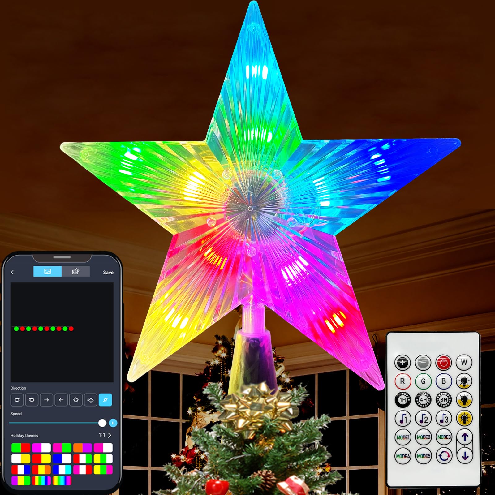 7.6 Christmas Tree Topper Star, RGB LED Lighted Star Tree Top w/Remote Control&APP, Scene Mode, DIY, Dimmable, Timer, Multicolou
