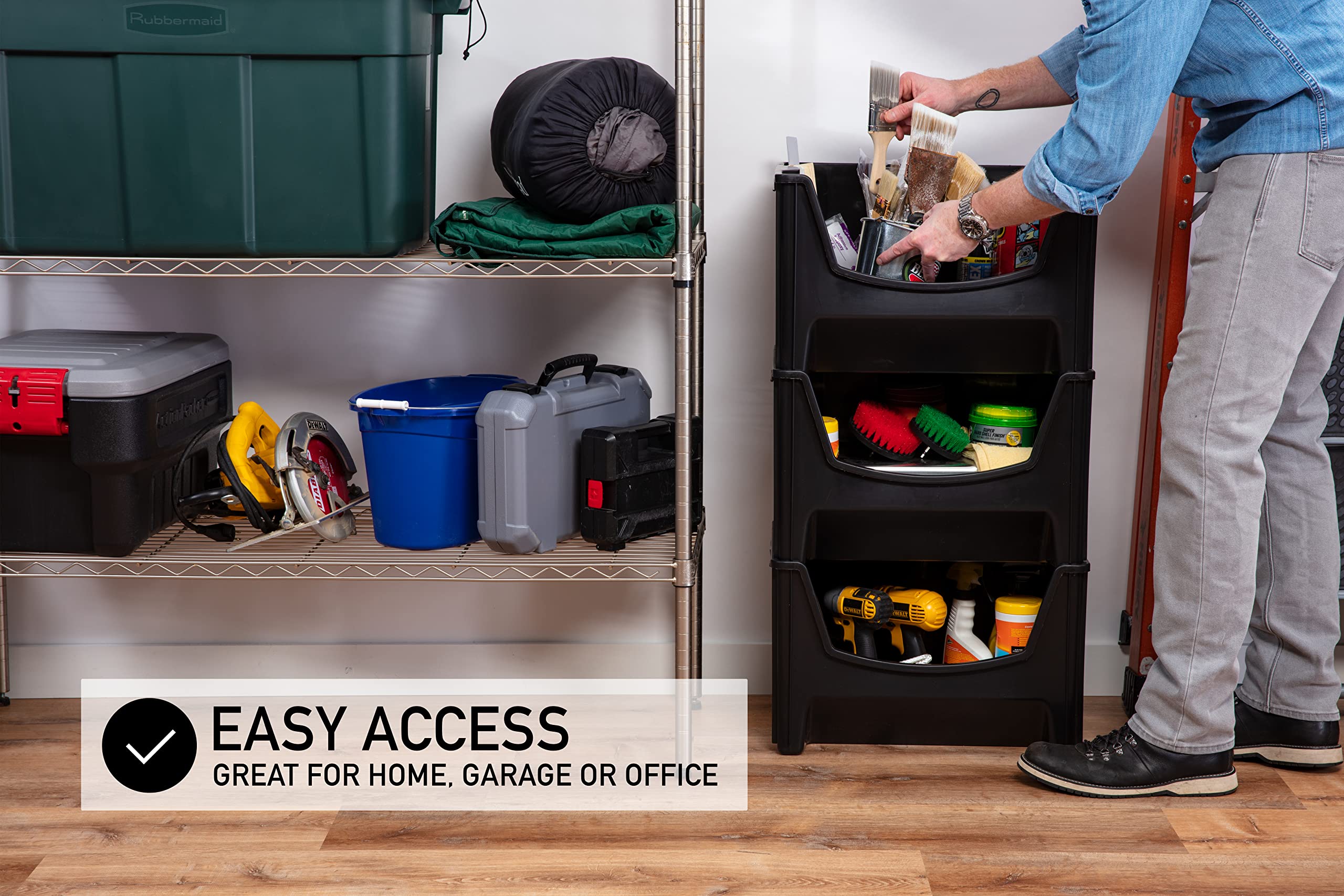 Mighty Tuff Jumbo Stackable Storage Bins, Pack Of 3, Easy-Access Storage, Large Easy-To-Grip Handles, Wide Front Opening, Interl