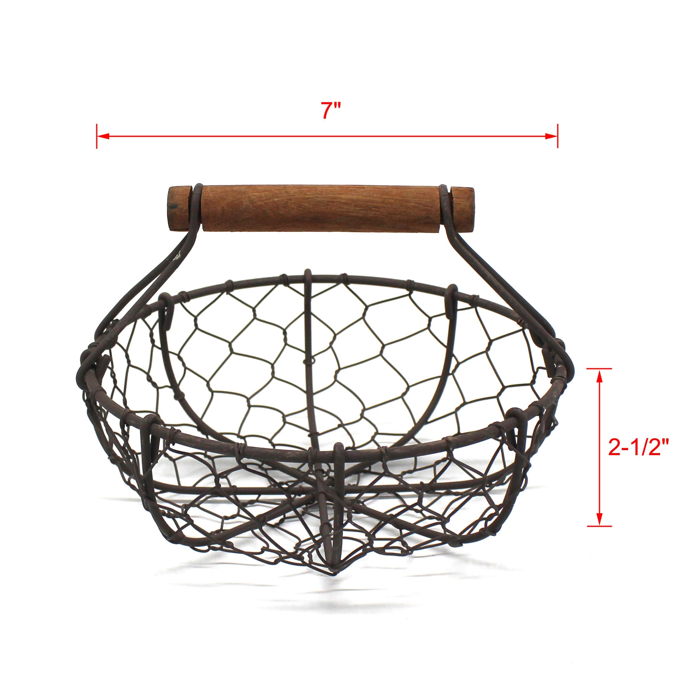 CVHOMEDECO. Chicken Wire Egg Baskets Set of 2, Round Rusty Vintage Storage Baskets with Wooden Handle, Model CV50108