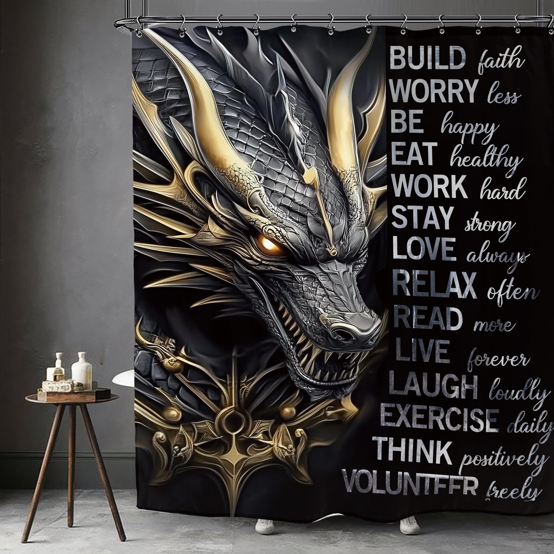 Kalmico Dragon Man Black Gold Shower Curtain 60Wx72L Inch Motivational Inspirational Quotes Positive Cool Teen Boys Bathroom Set