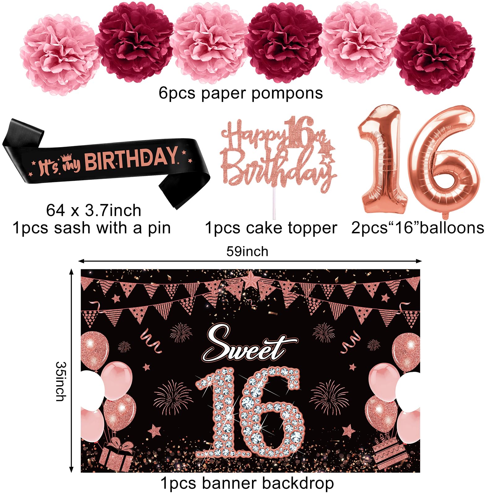 Eucutur 42Pcs Sweet 16 Birthday Party Decoration Kit For Girls, Rose Gold Happy 16Th Bday Banner Balloon Honeycomb Centerpiece S