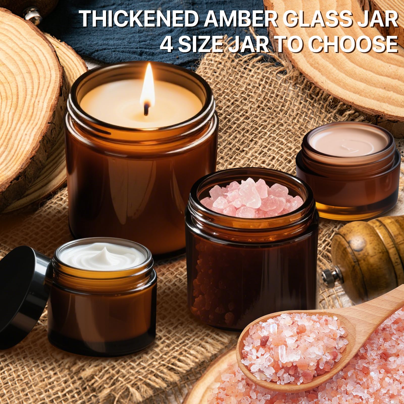 Amber Glass Jar With Lids, 8Oz, 4Oz, 2Oz, And 1Oz Glass Jars, Cosmetic Glass Round Jars With Sticker And 4P Spatulas, Reusable T