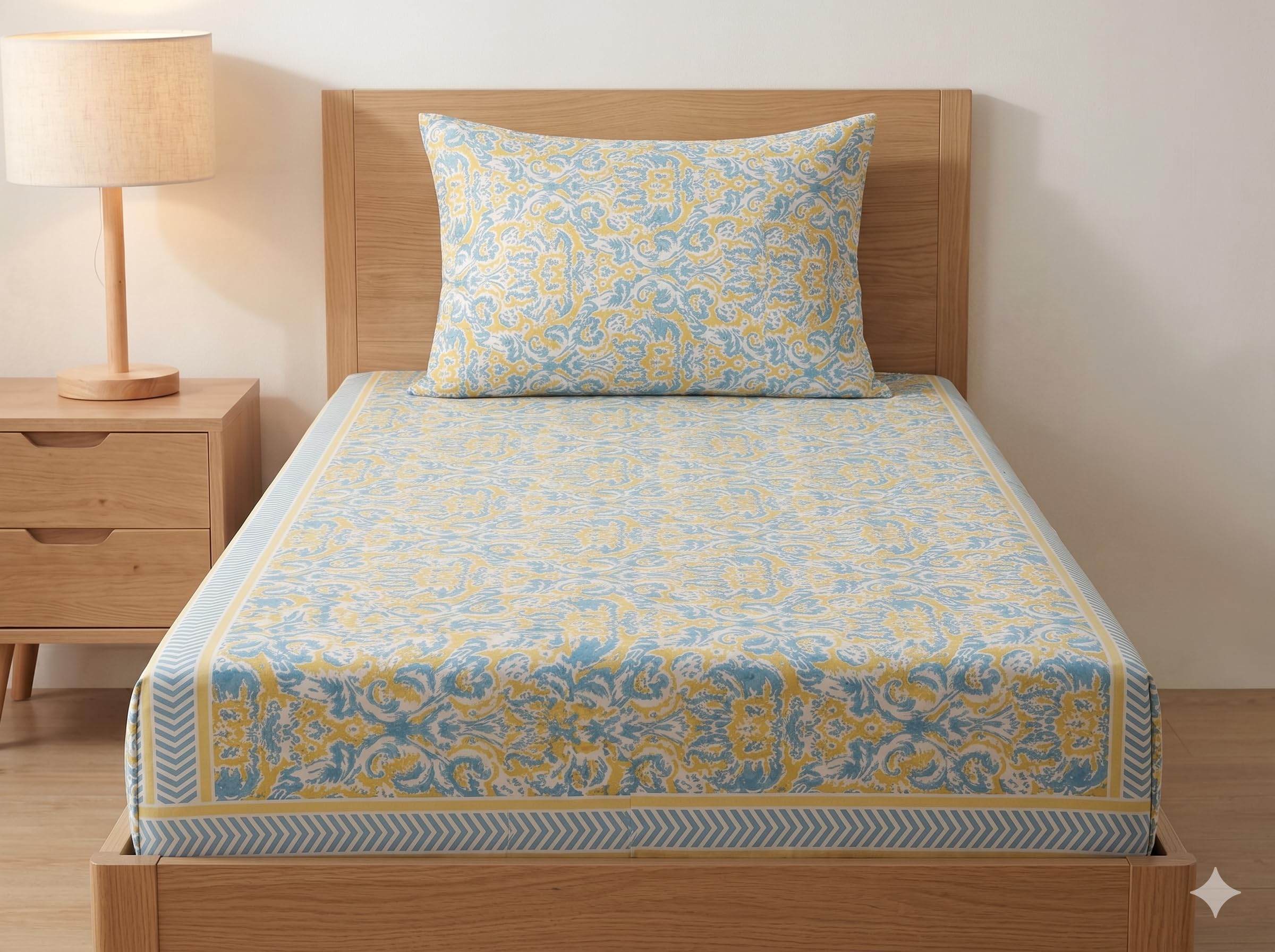 TIB 100% Pure Cotton Elastic bedsheet for Single Size Bed 36x78x810 Inch with 1 Pillow Covers 18x28 Inch, Super Soft Breathable 