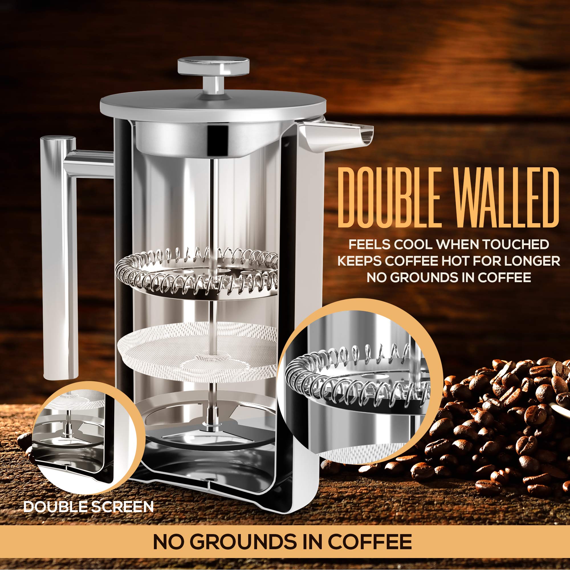 Utopia Kitchen Stainless Steel French Press Coffee Maker, 12 Oz, Silver - Portable Tea Maker for Camping & Cold Brew