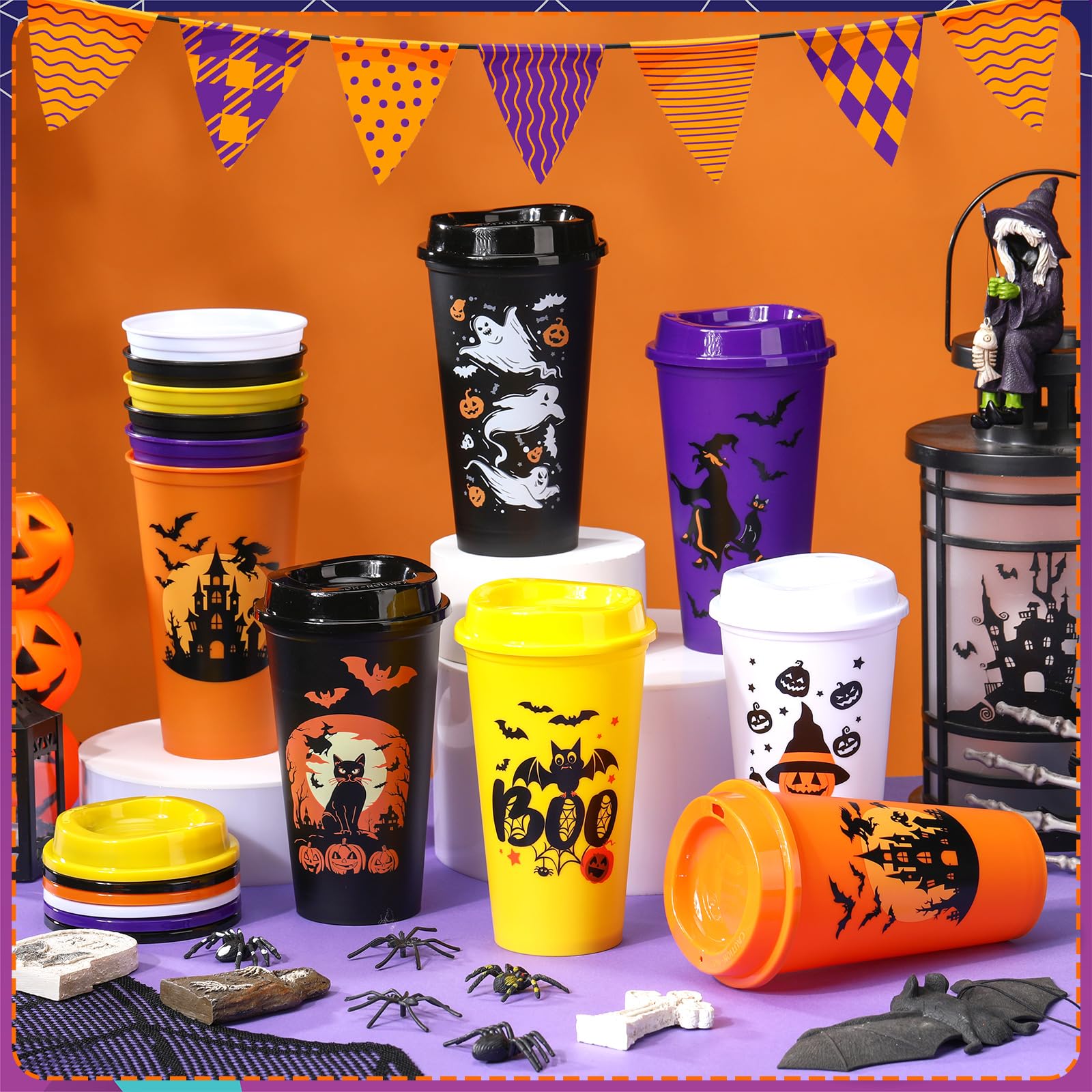 Pickmesh 12 Pack Halloween Reusable Coffee Cup Gift Bulk 16 oz Witch Bat Pumpkin Black Cat Horror Pattern Tumblers with Lid Plas