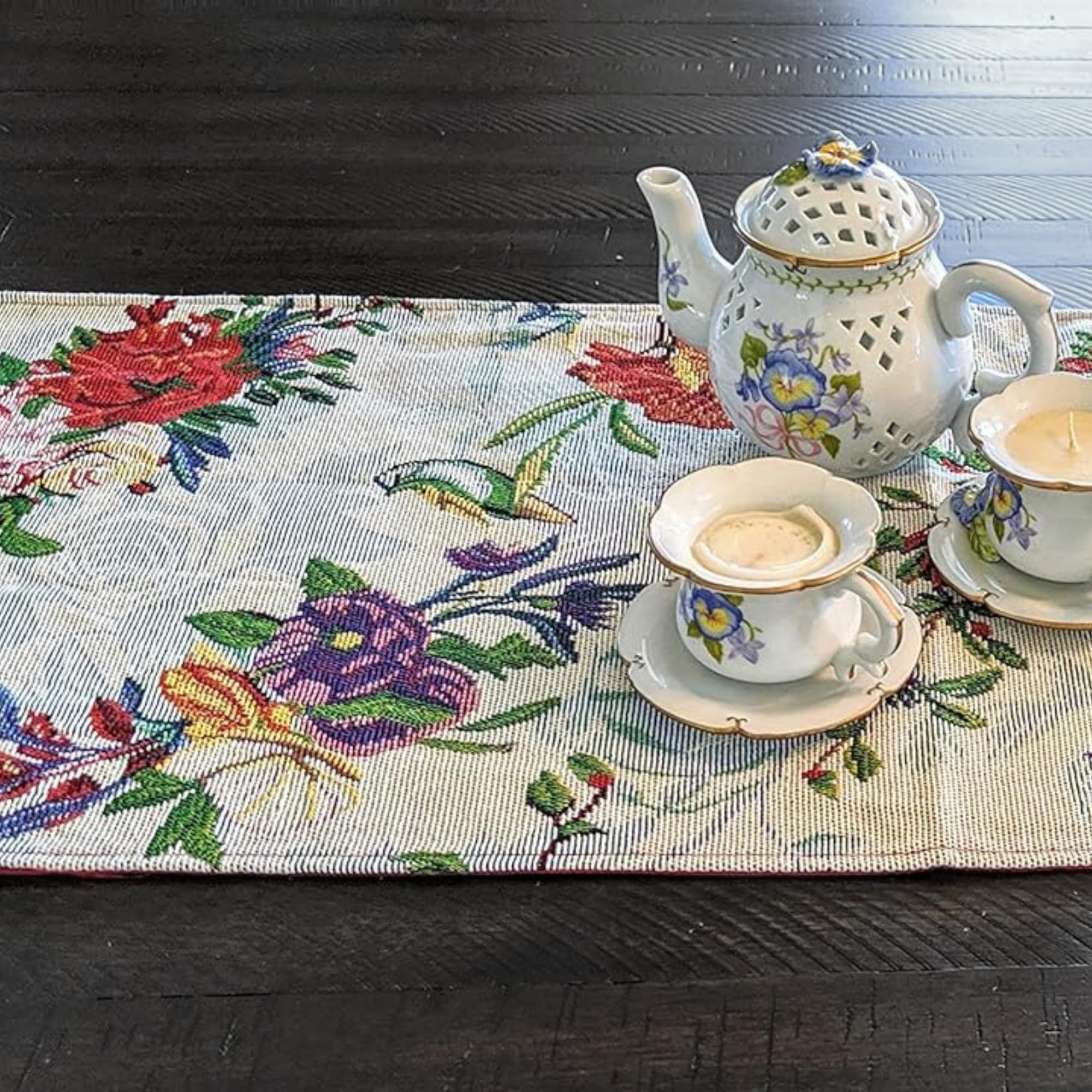Dada Bedding Elegant Floral Blue Roses Tapestry Table Runner - Tropical Paradise Exotic Botanical Flowers Birds Nature Garden Be
