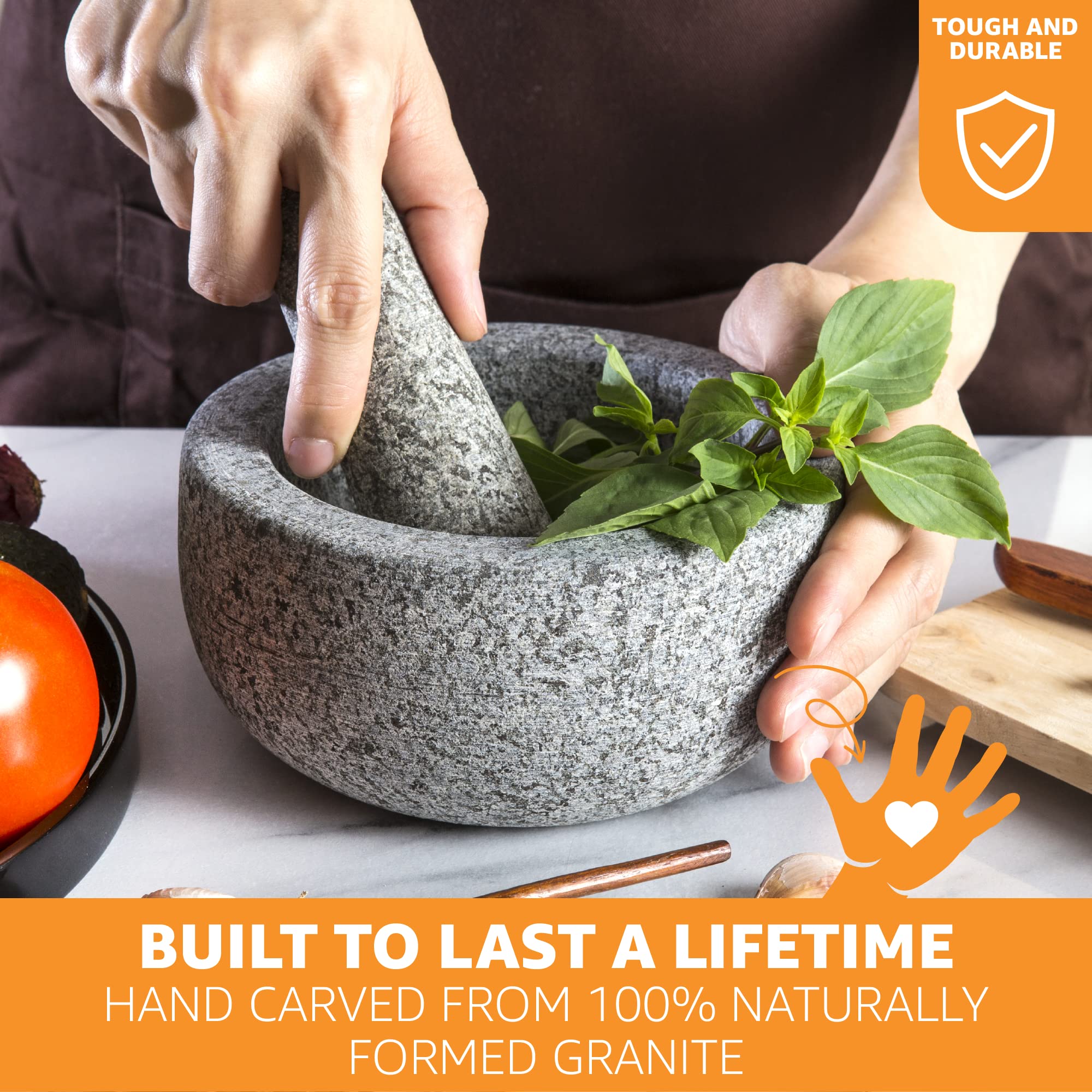 Heavy Duty Large Mortar And Pestle Set, Hand Carved From Natural Granite, Make Fresh Guacamole, Salsa, Pesto, Stone Grinder Bowl