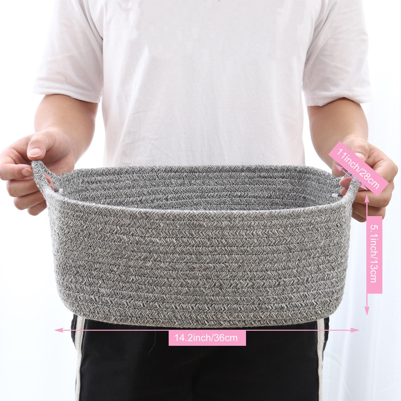 ABenkle Rope Storage Basket  13.5''x 10''x 5'' Cotton Woven Dog Cat Toy Bins  Cube Soft Baskets with Handles  Decorative Shelves Closet Organizing for Nursery Laundry Bedroom Bathroom - Grey