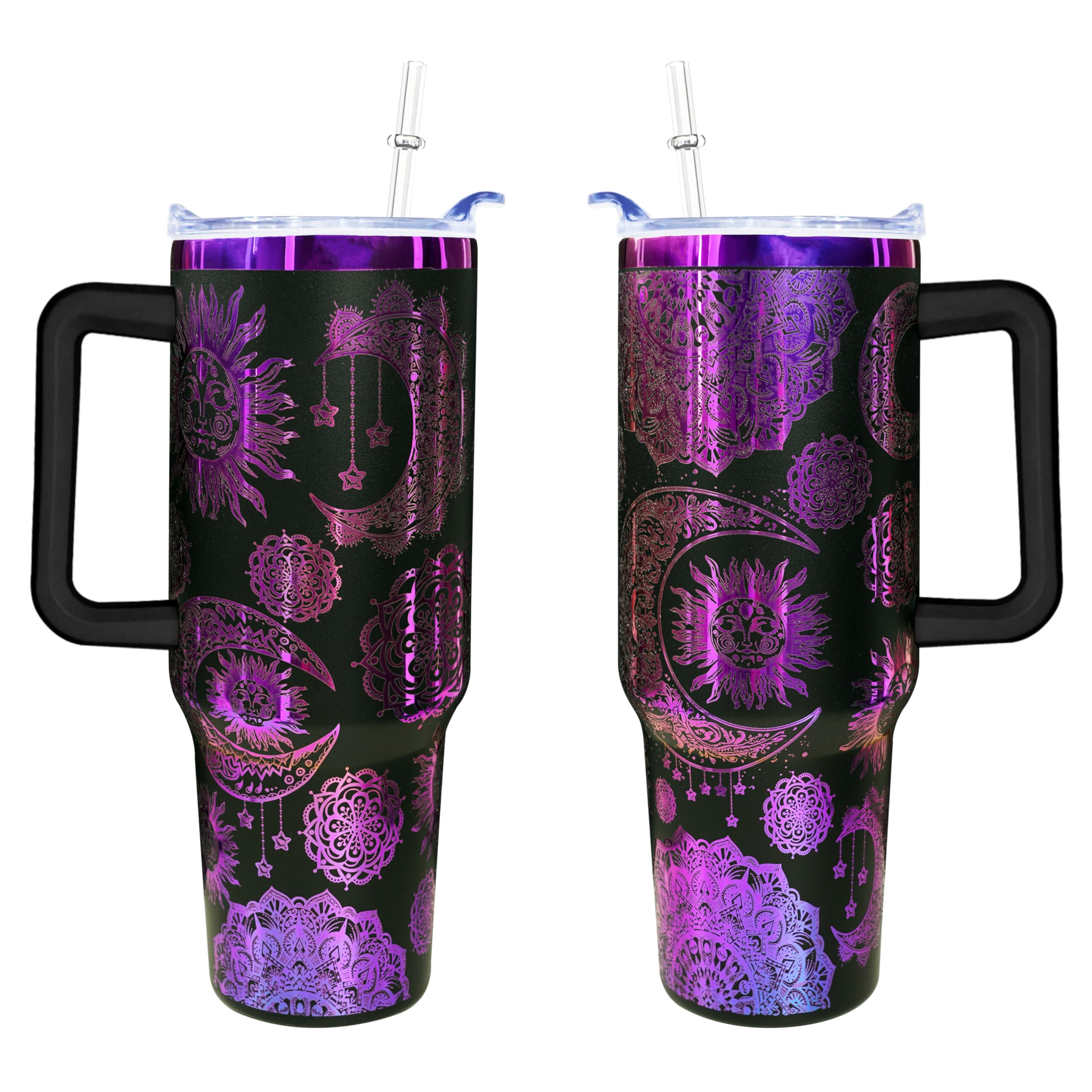 Mindunm 40 oz Bohemia Laser Engraving Tumbler With Handle With Lid Straw Double Insulated Travel Coffee Cup Boho Travel Accessor
