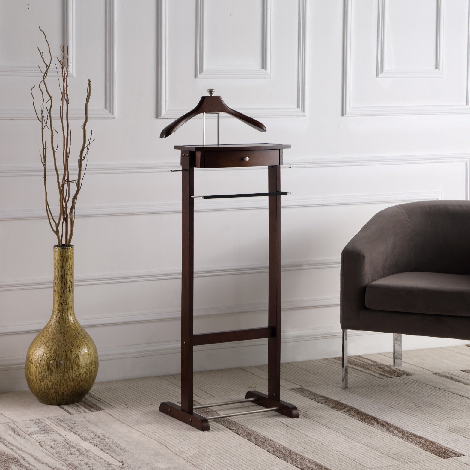 Proman Products Kingston Iii Valet Stand With Drawer, Contour Hanger, Trouser Bar, Tie & Belt Hooks And Shoe Rack - Vl16260