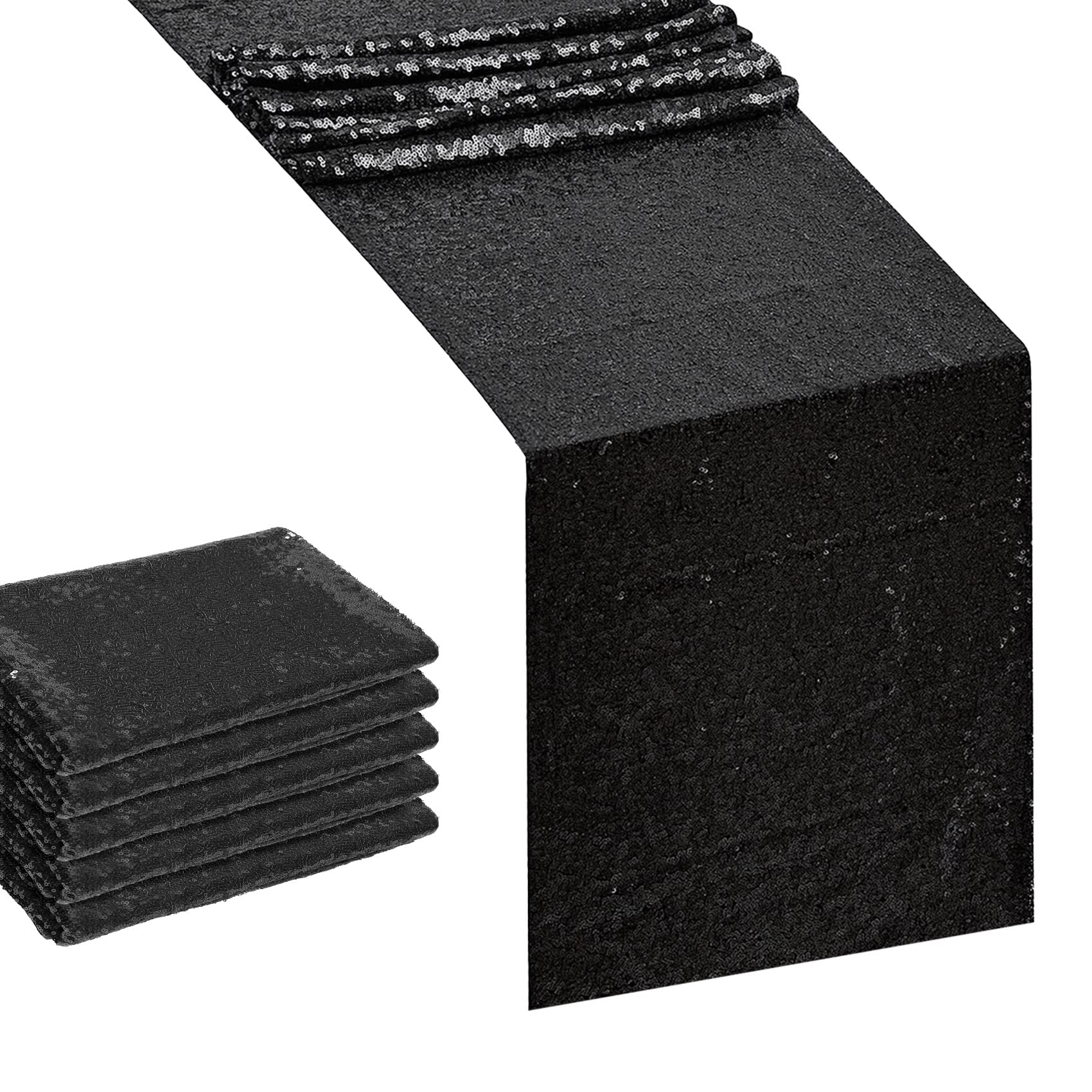 6Pcs 12X72 Inch Sequin Table Runner Black Glitter Table Runner For Party, Wedding, Bridal Baby Shower, Event Decorations(6Pcs, 1
