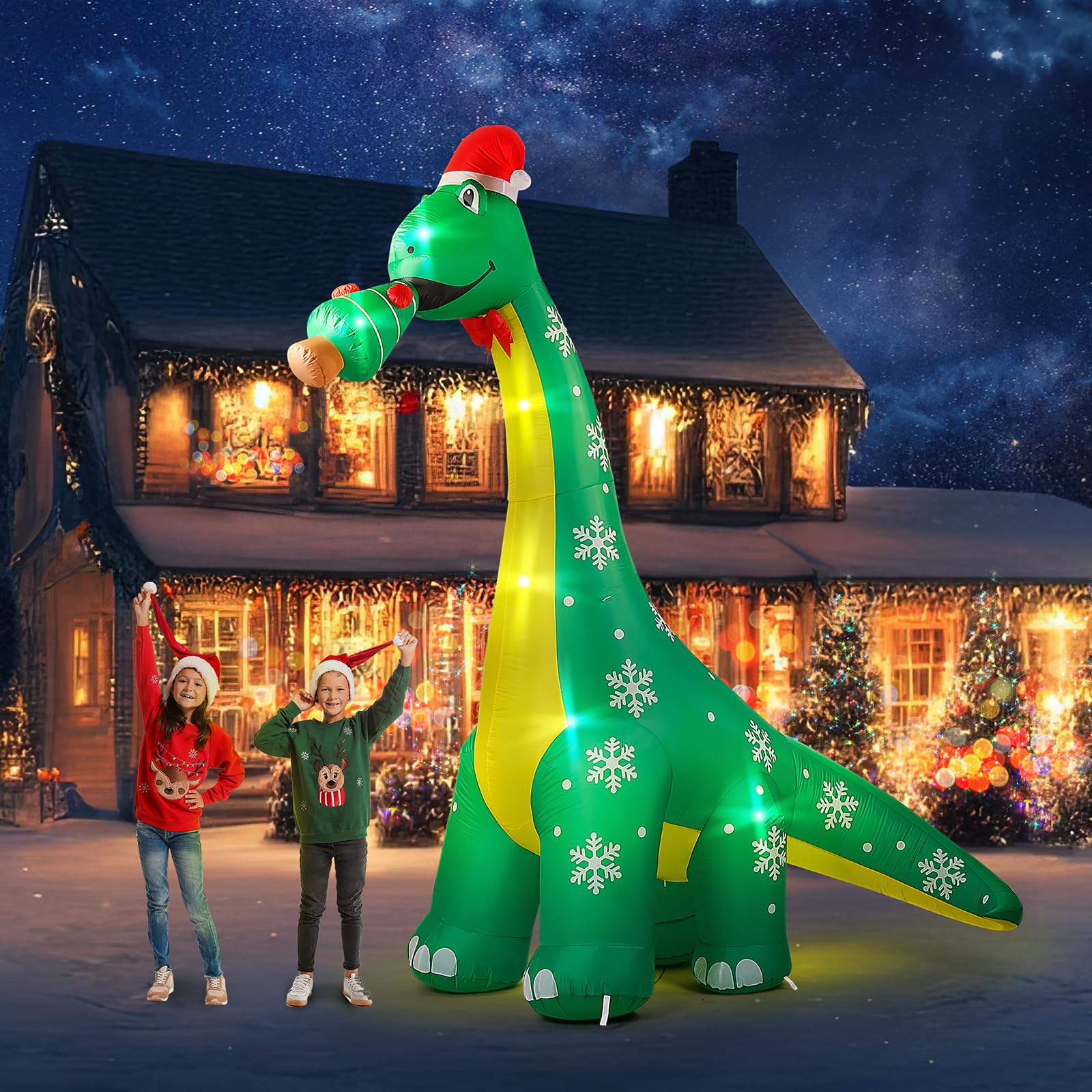 CACIRAL 10 FT Dinosaur Christmas Inflatable Outdoor Decoration, Lighted Dinosaur Christmas Blow Up with Xmas Hat and Tree, Xmas