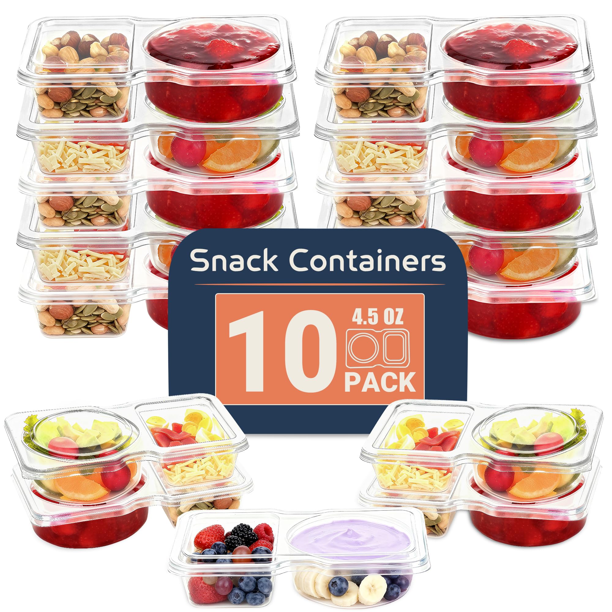 Hi-Yomilaugh 10 Sets Reusable Snack Containers With Lids, Bpa-Free Double Compartment Condiment Storage, Leakproof Dipping Cups 