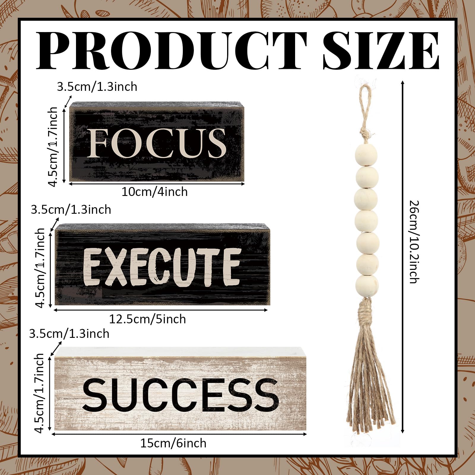Yuntau 4 Pcs Motivational Wooden Tabletop Decor Inspirational Tiered Tray Decor Rustic Retro Wood Bead Garland Focus Execute Suc