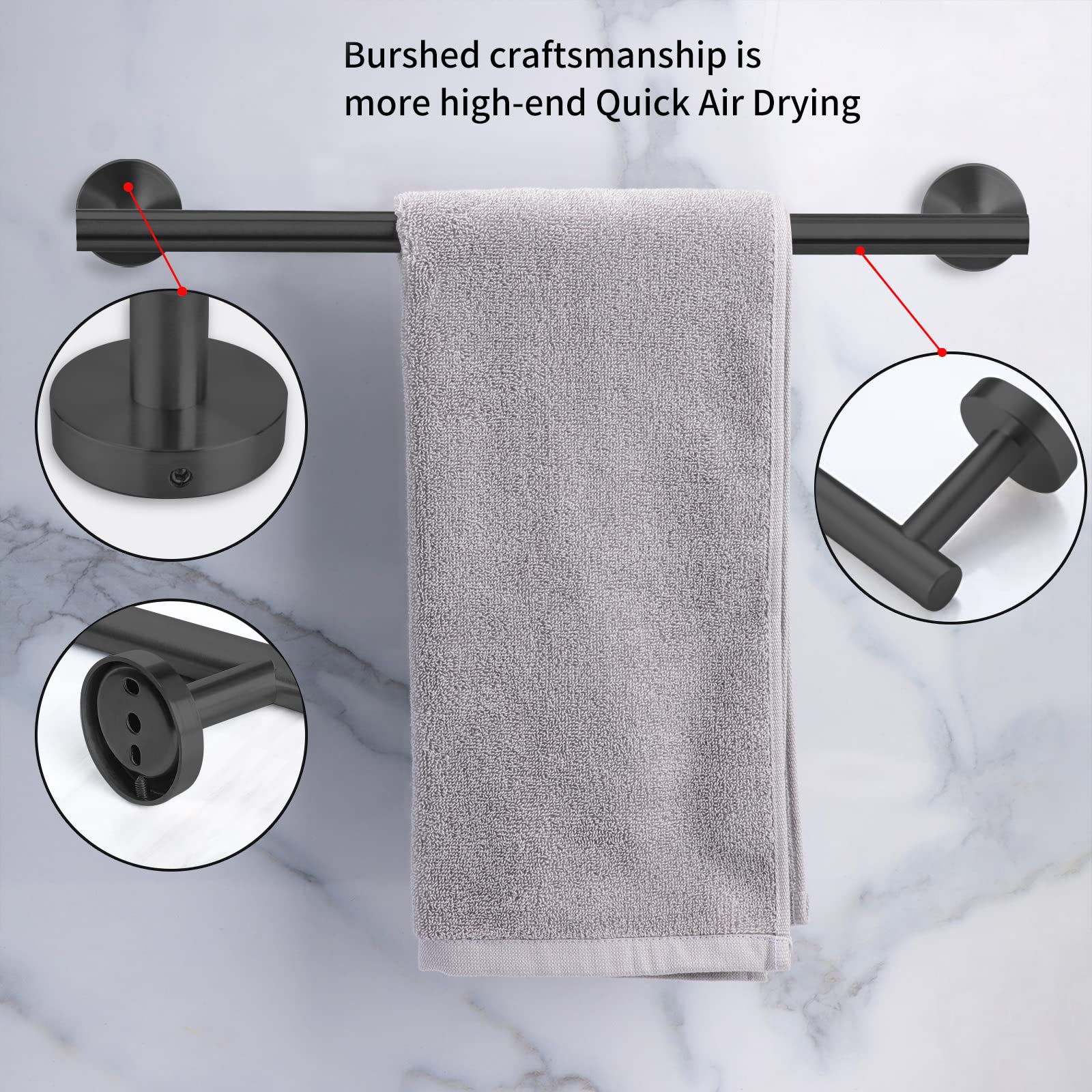 Cilee 10 Piece Matte Black Bathroom Accessories Set 16 inch Black Bathroom Hardware Set Towel Rack+Towel Ring+Robe Towel Hook+Toilet Paper Holder for Bathroom Wall Stainless Steel Towel Bar