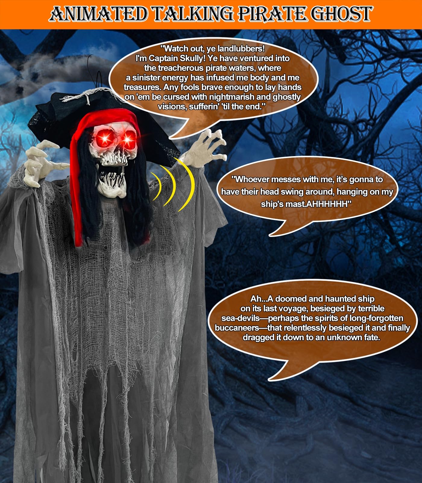 [ Sound Activated & Large ] 70 Inch Halloween Animatronic Hanging Talking Pirate Ghost Decoration Light up Eyes Shake Life Size